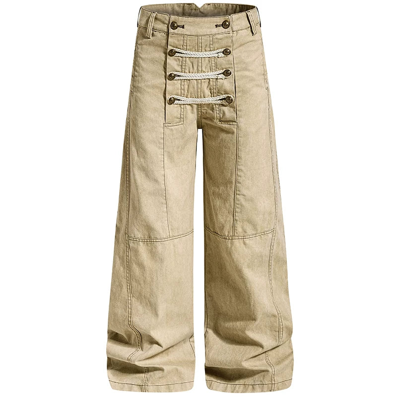OV original palace style rope embroidery double breasted design sense casual pants for men and women loose wide legs deconstruction workwear pants trend