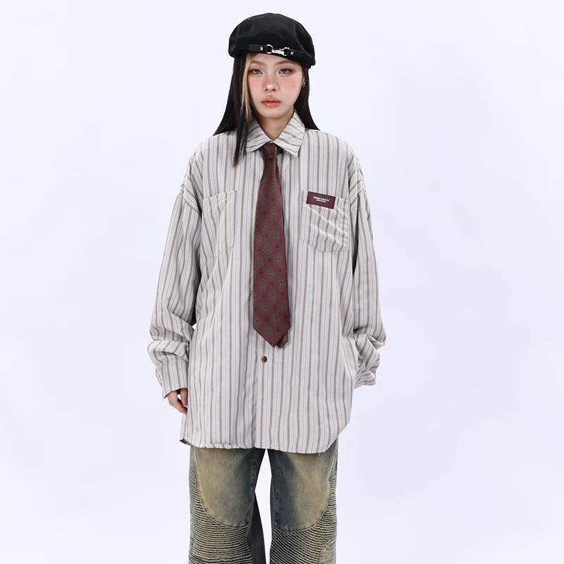 OV Original Spring and Autumn High Street Retro Vertical Stripe Long Sleeve Shirt for Men and Women BF Loose Couple Hong Kong Style Flip Collar Shirt Trendy