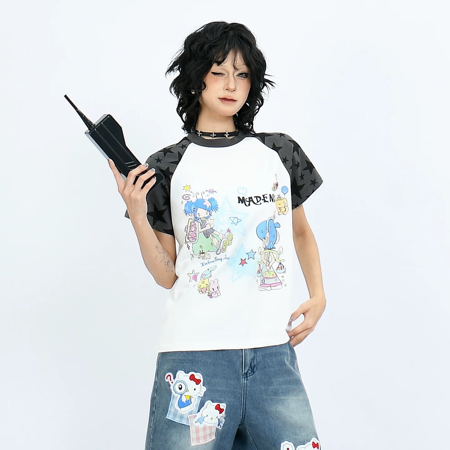 OV original American fun cartoon printed shoulder short sleeved T-shirt for women y2k with raglan sleeves and contrasting color short summer top