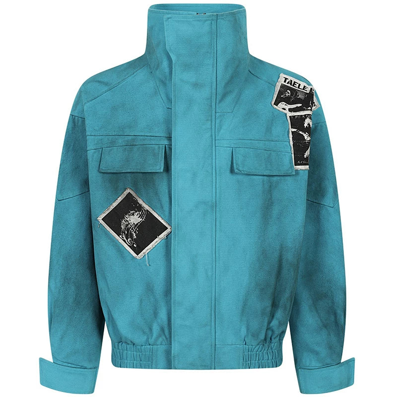 OV Original Waste Soil Wind Dirty Dyeing Doing Old Water Wash Rock Stand up Collar Jacket for Men and Women Autumn Street Loose Short Jacket