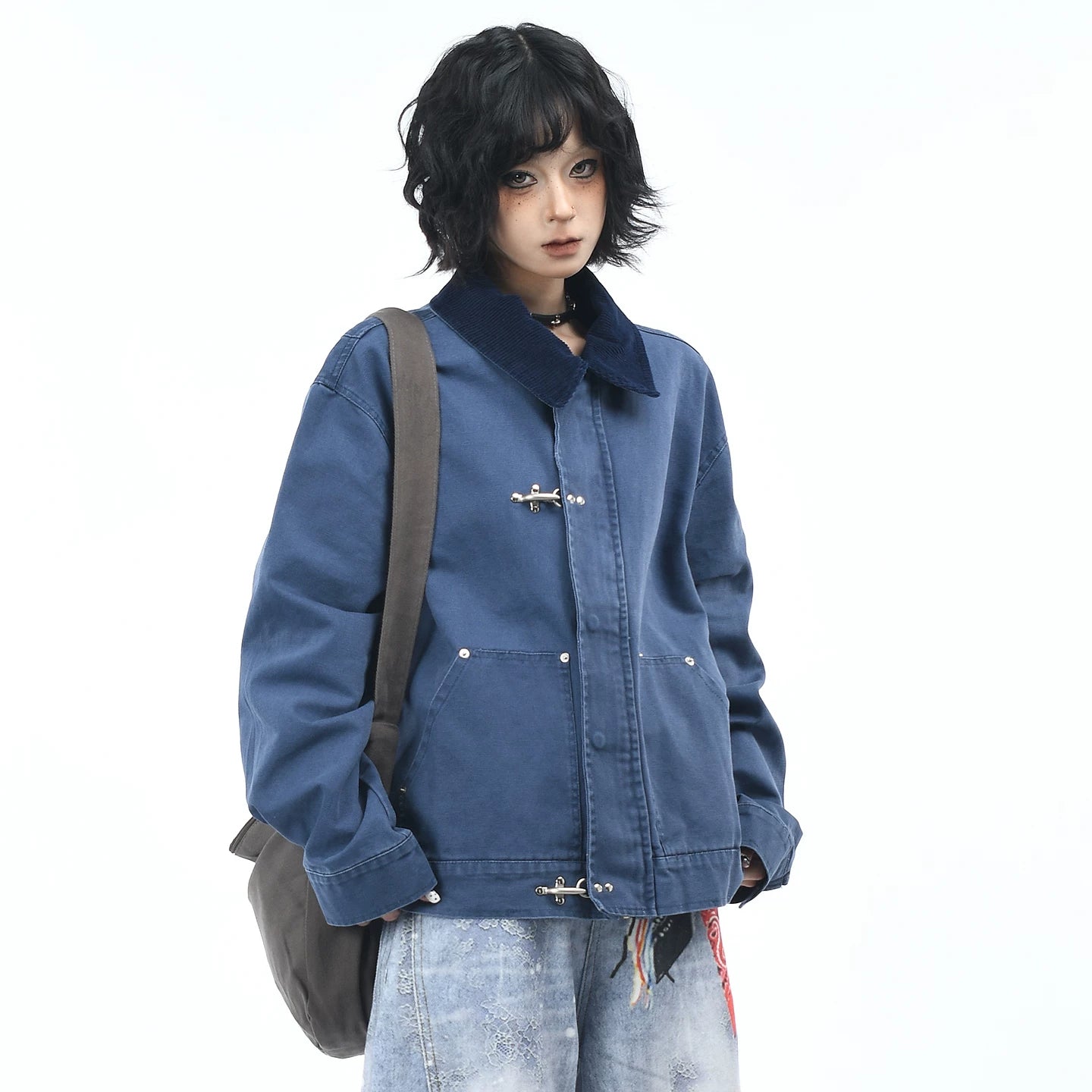 OV original American contrasting color airplane buckle splicing lapel workwear jacket for men and women, autumn street loose couple jacket