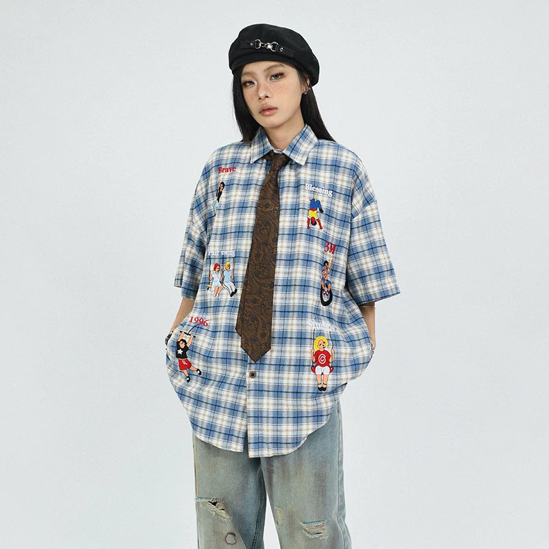 OV original summer American retro checkered cartoon embroidered short sleeved shirt for men and women, niche loose and versatile shirt trend