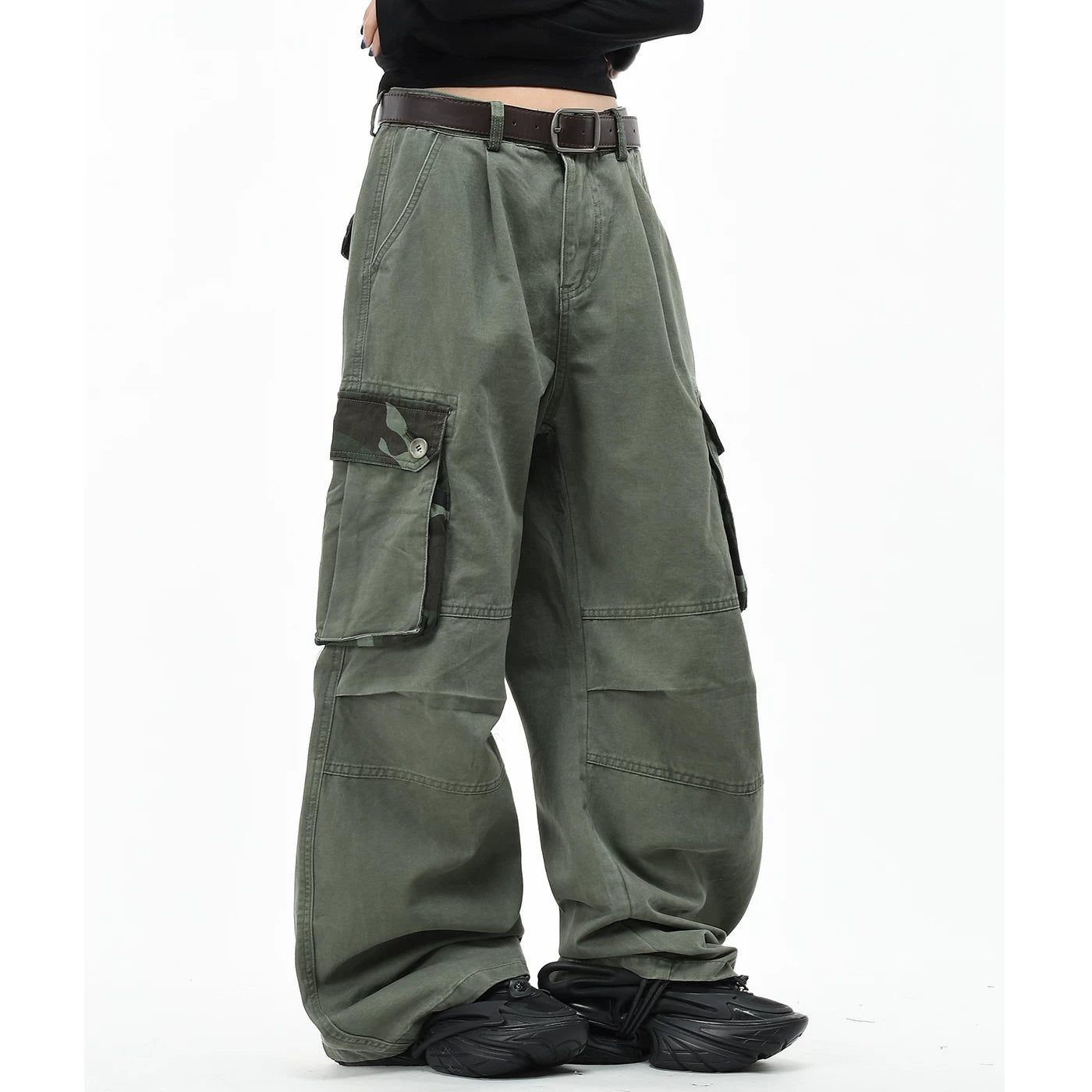 OV original American camouflage patchwork vintage washed casual pants for men and women, loose wide leg multi pocket pleated work pants
