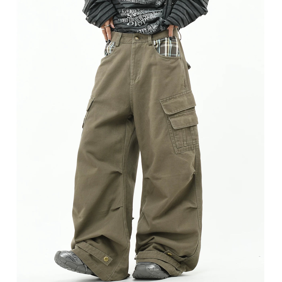 OV original American retro plaid patchwork multi pocket work pants for men and women, loose pleated washed casual pants, trendy