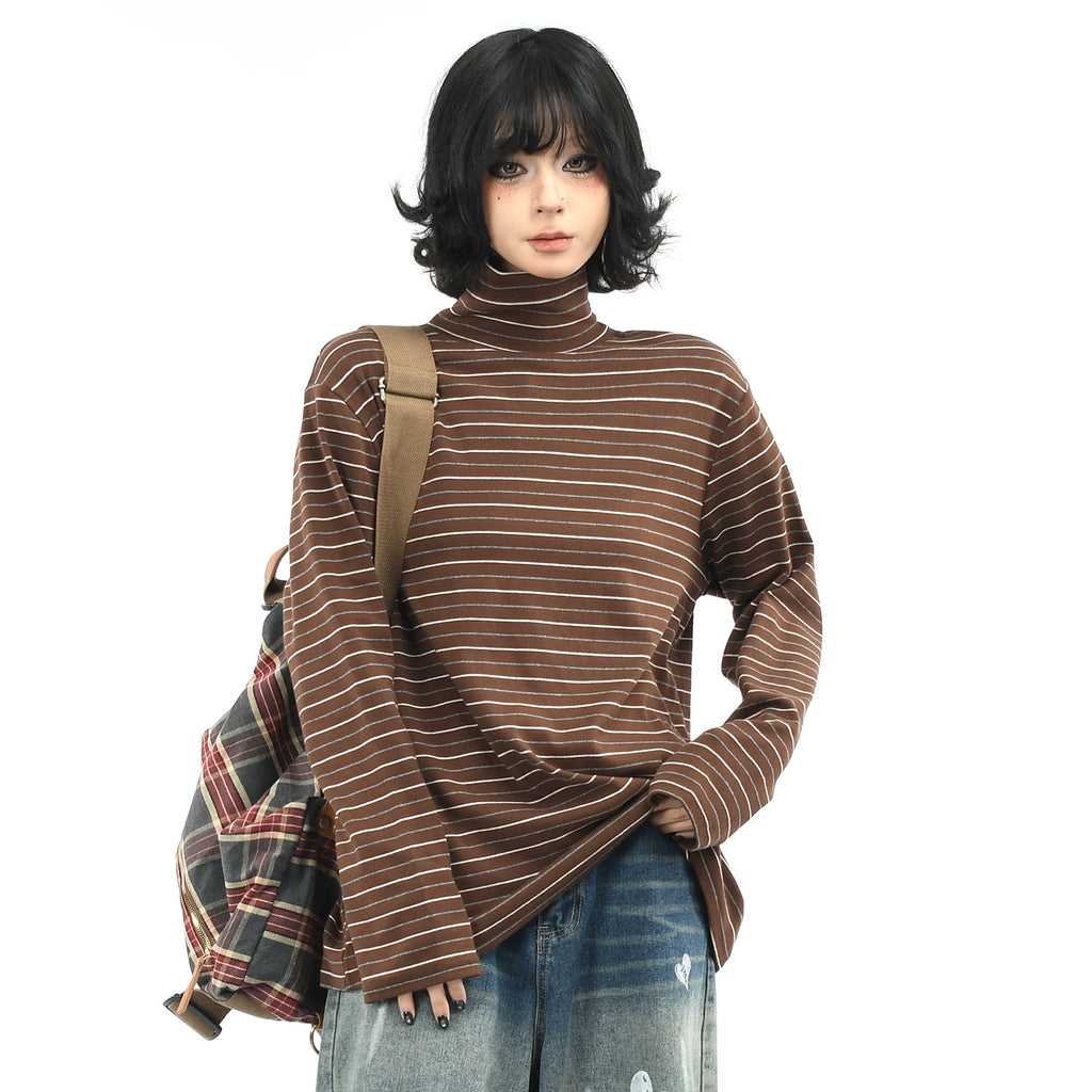 OV Original/American Money Style Striped High Collar Long Sleeve T-shirt for Men and Women in Autumn, Loose and Versatile Bottom Shirt, Top Trendy