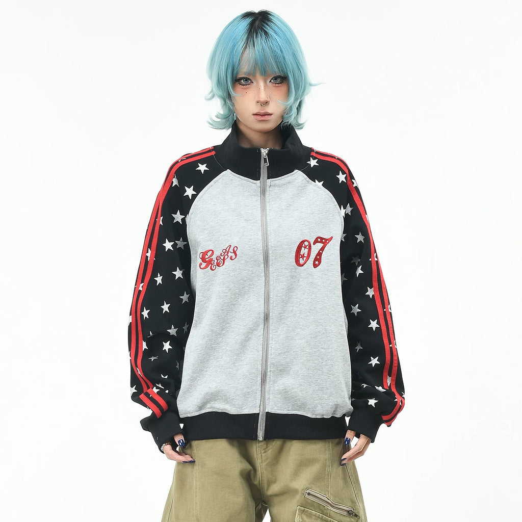 OV original retro pentagram printed raglan cardigan sweatshirt for men and women in autumn, loose contrasting color zipper jacket trendy