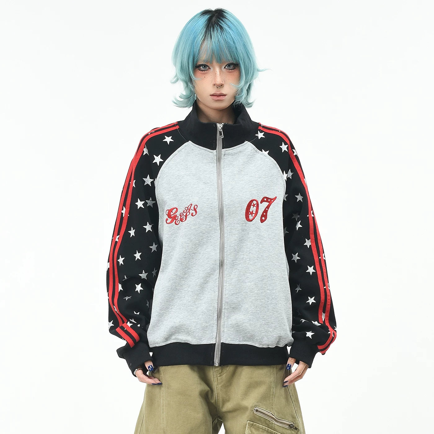OV original retro pentagram printed raglan cardigan sweatshirt for men and women in autumn, loose contrasting color zipper jacket trendy