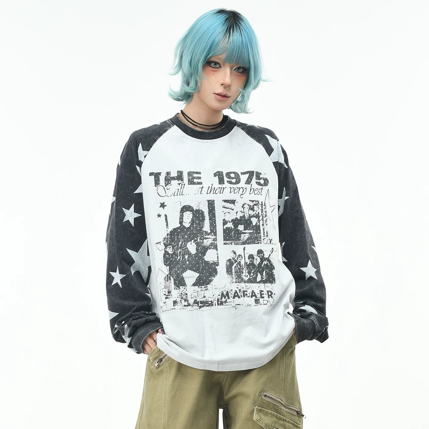 OV original/American hip-hop rock band printed long sleeved T-shirt for women in autumn, loose fitting raglan sleeves, vintage top for men