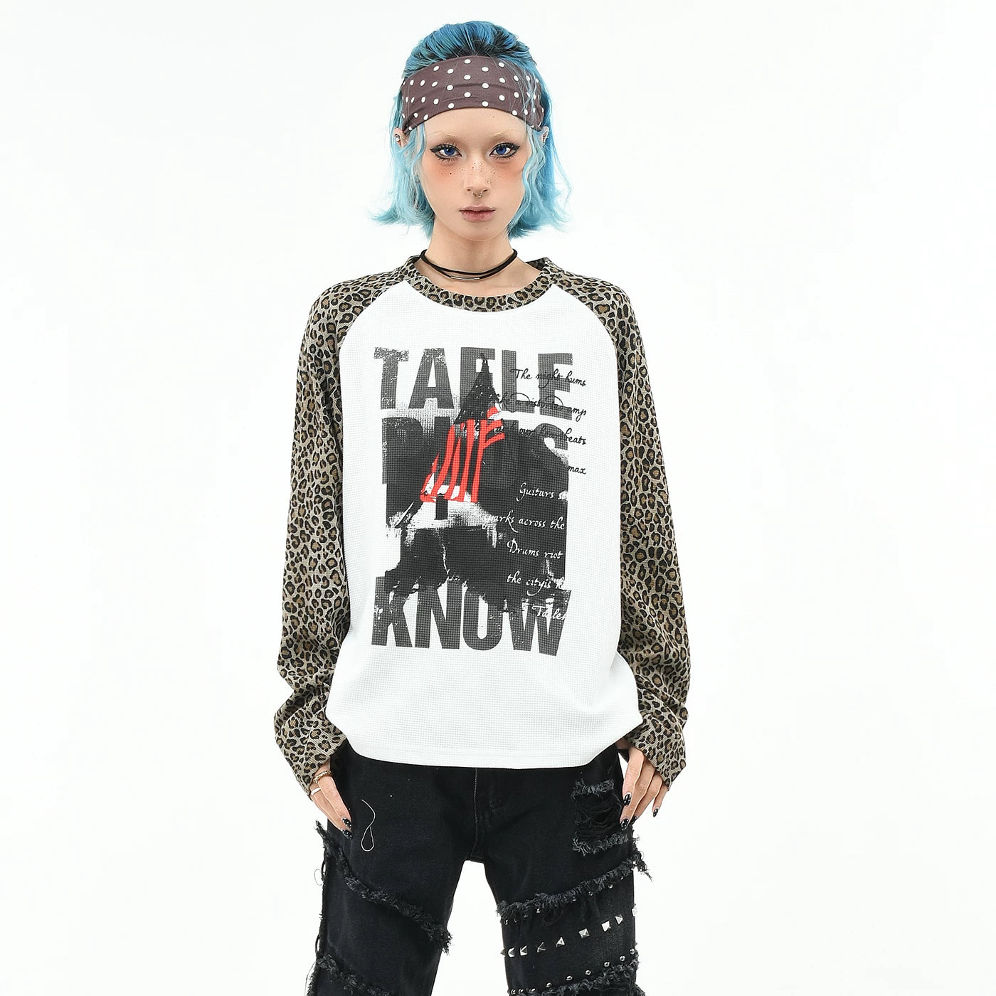 OV original/subculture leopard print raglan sleeve patchwork long sleeved T-shirt for men's autumn loose waffle style spicy girl top for women