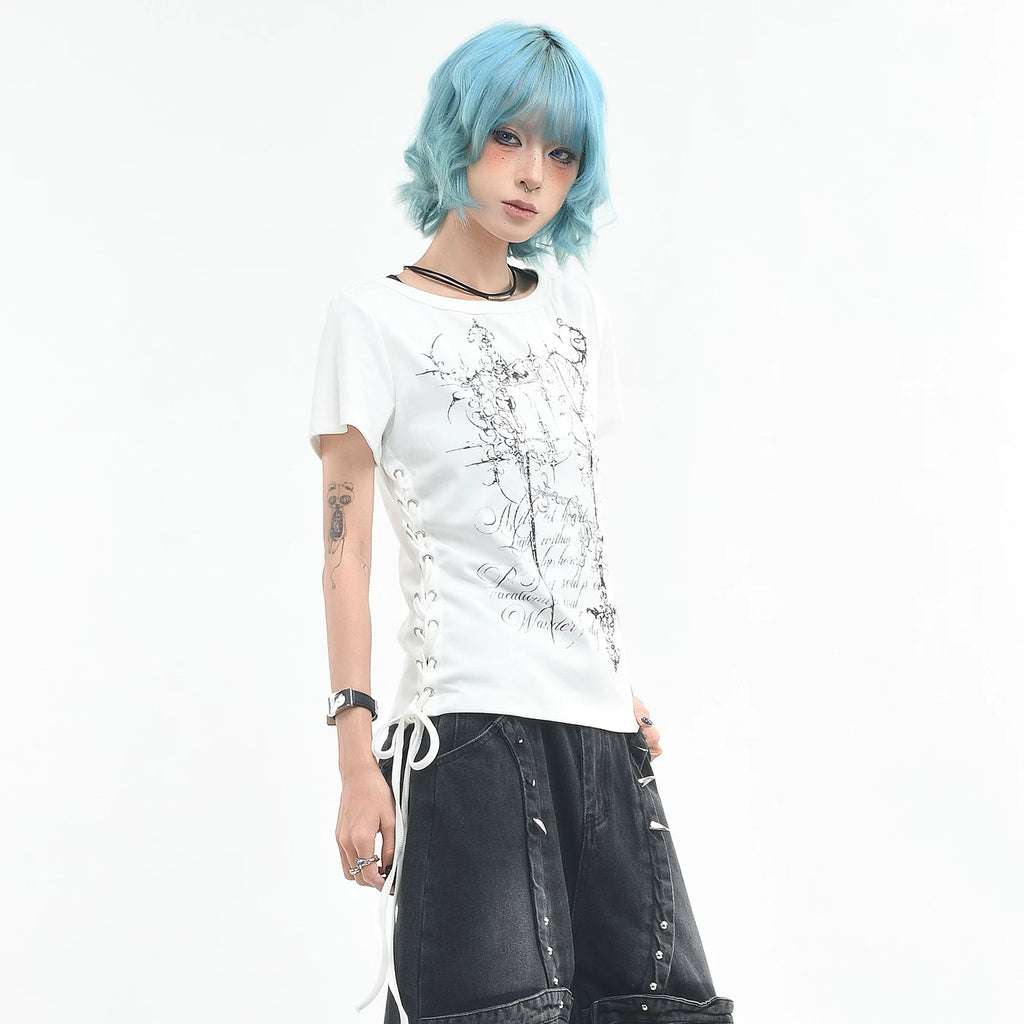 OV original/light Asian style graffiti strap design shoulder short sleeved T-shirt for women's summer slim fit short style spicy girl top trend