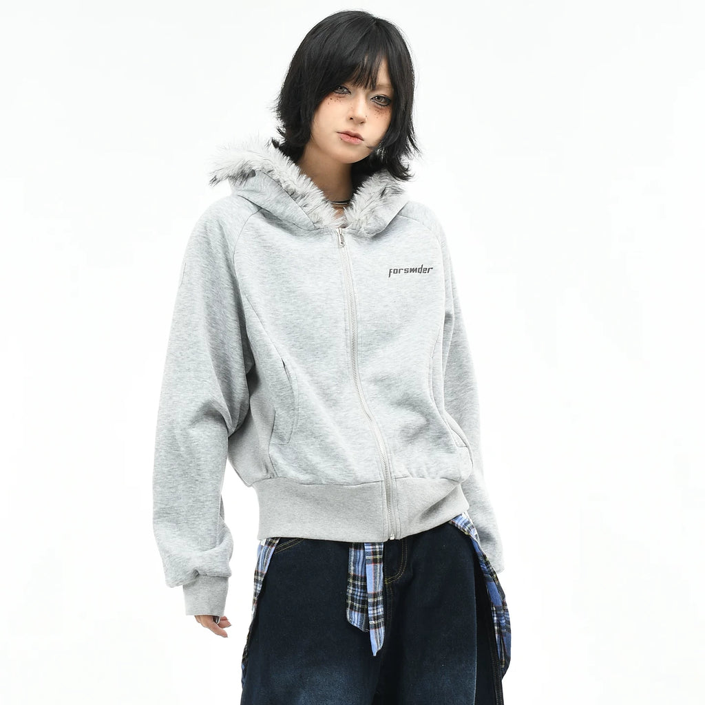 OV original American retro fur collar design zipper jacket women's autumn loose casual short cardigan hooded sweatshirt