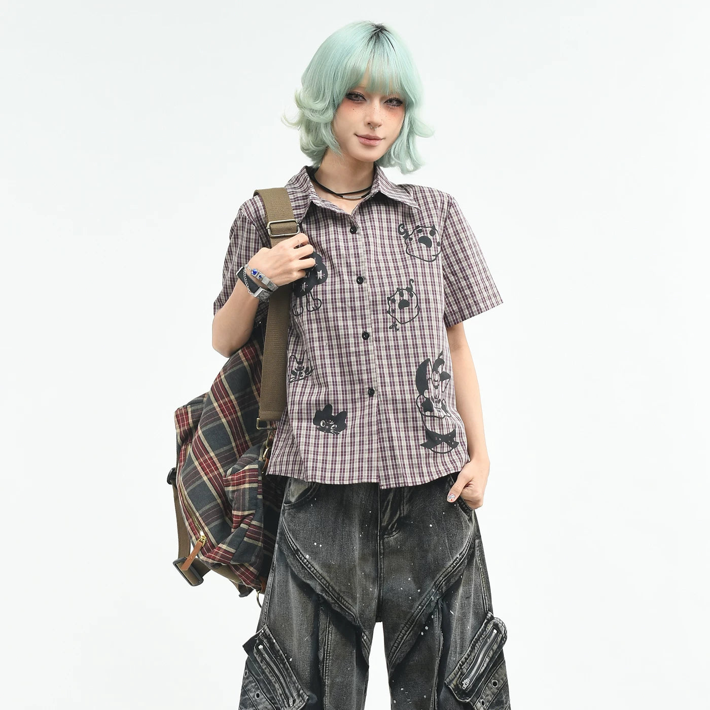OV original American retro checkered contrasting color shoulder short sleeved shirt for women's summer slim fit short casual slimming shirt