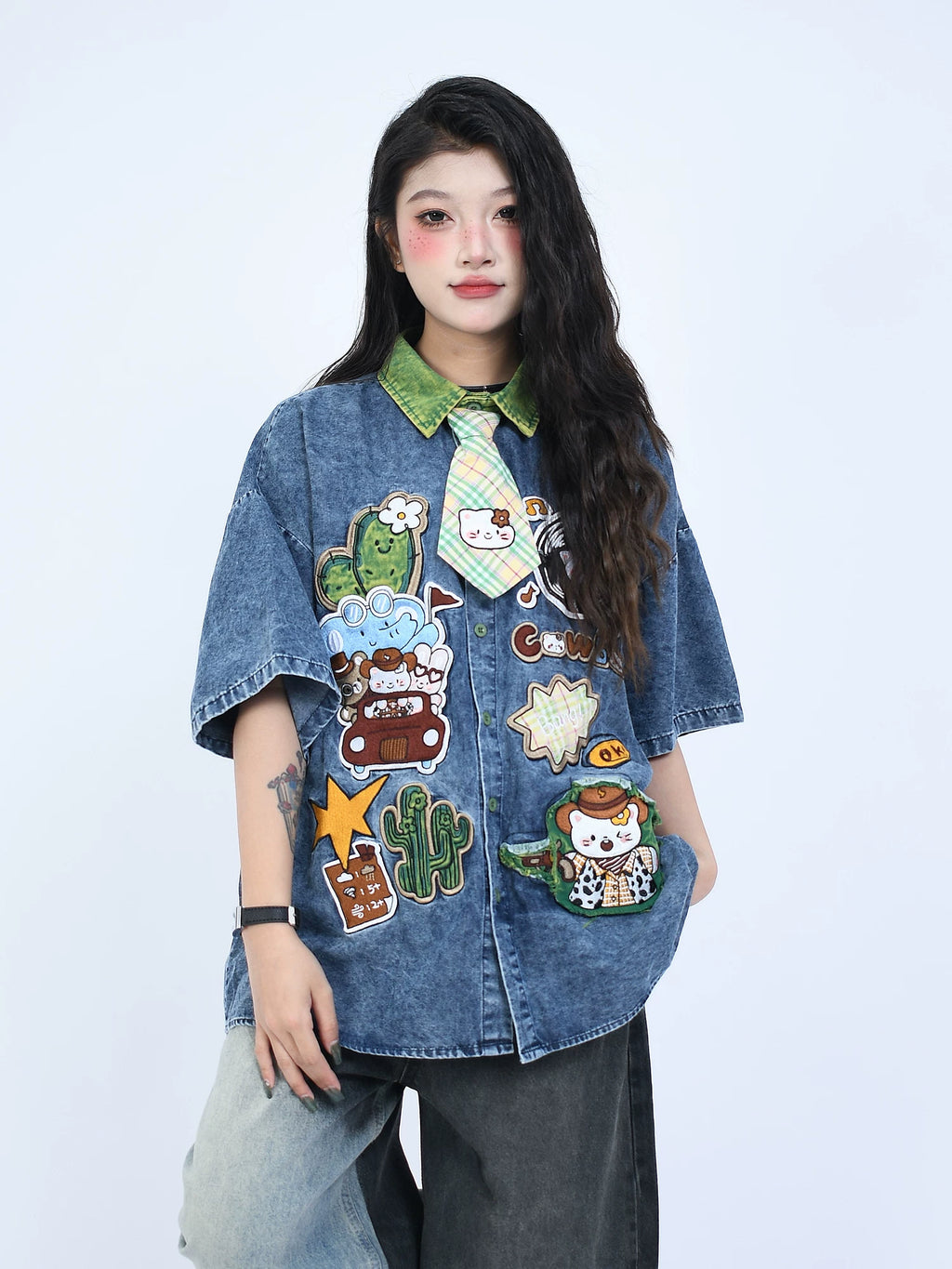 OV original summer cartoon sticker embroidery distressed washed denim shirt men's and women's loose short sleeved tie shirt trend