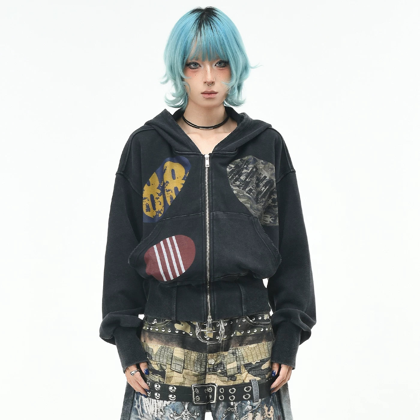 OV original American retro widened thread waist cinched hooded sweatshirt for women in autumn, loose short style, vintage cardigan jacket