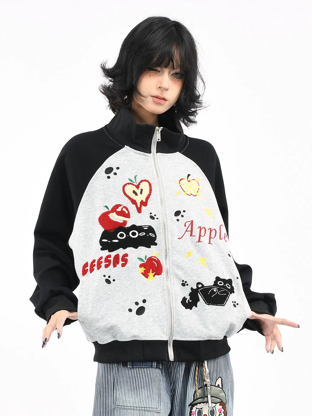 OV Original American Fun Cat Towel Embroidery Cardigan Sweatshirt Men's and Women's Autumn Color Contrasting Loose Casual Coat Trendy