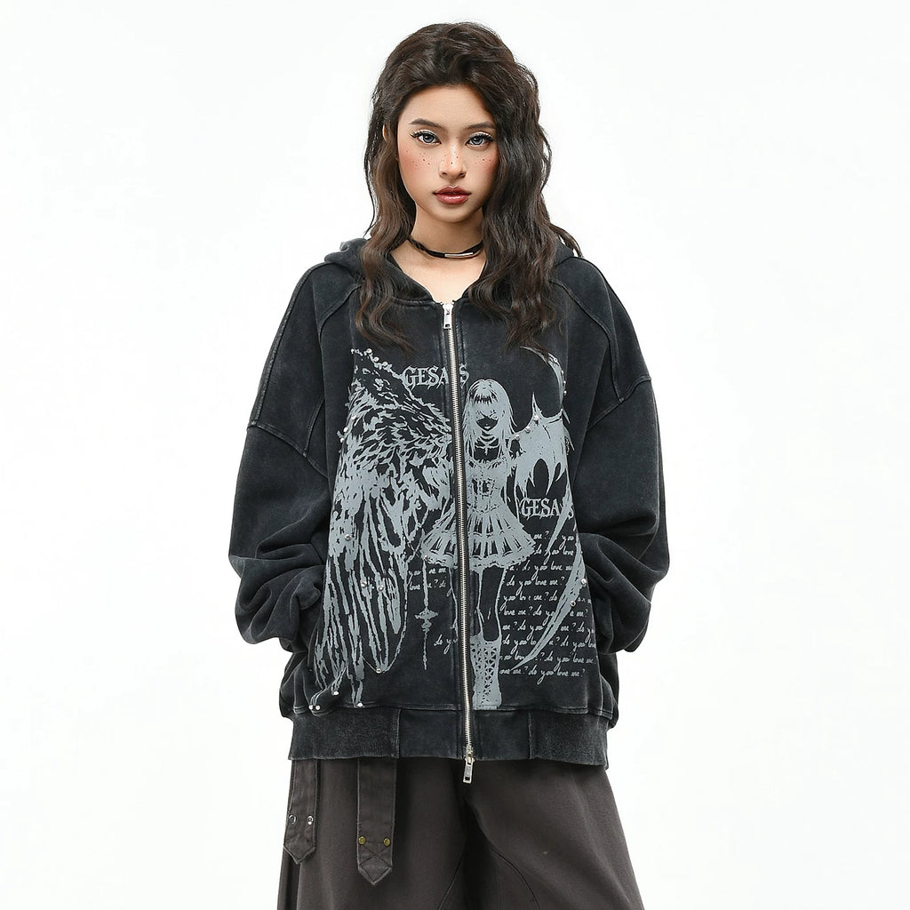 OV original dark gothic style angel print rivet hooded sweatshirt for men and women, autumn loose vintage cardigan jacket
