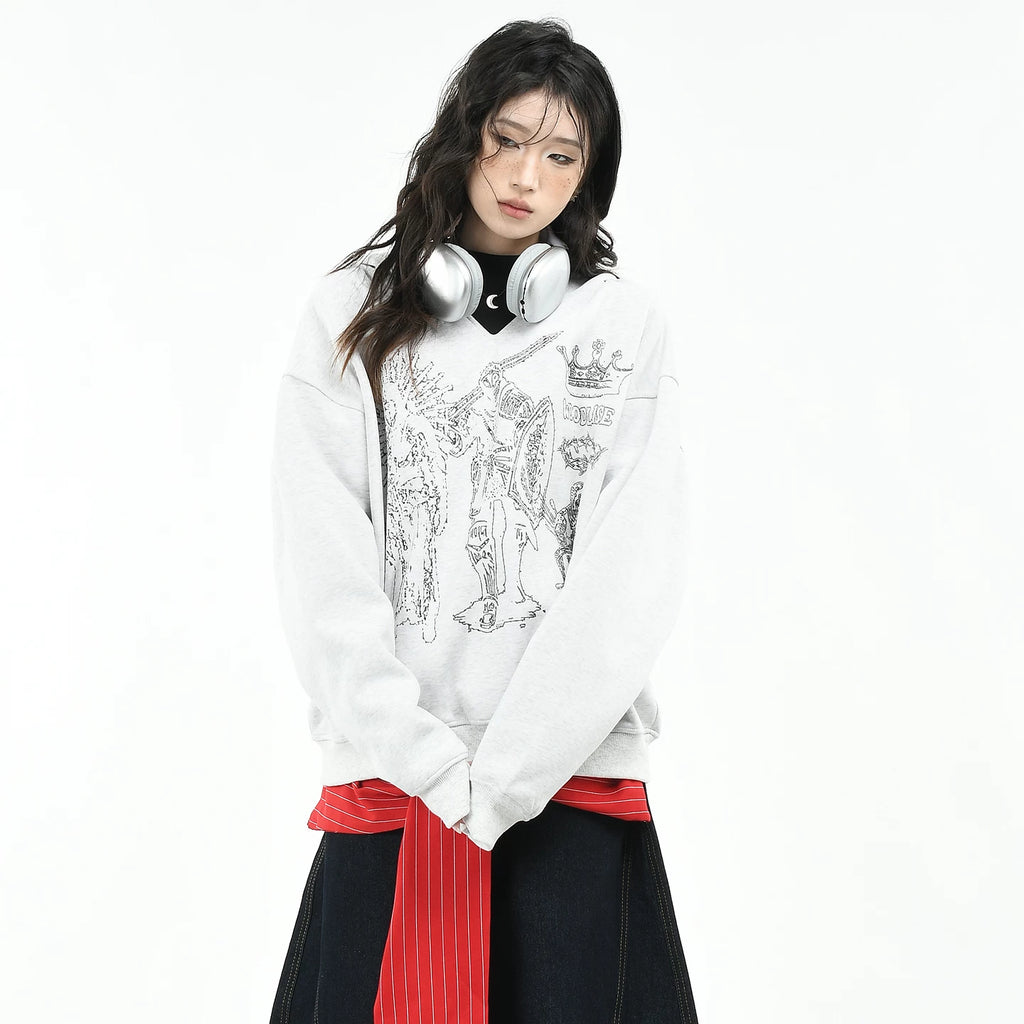 OV original/American knight hand drawn printed V-neck hooded sweatshirt for women in autumn, loose design, pullover top for men