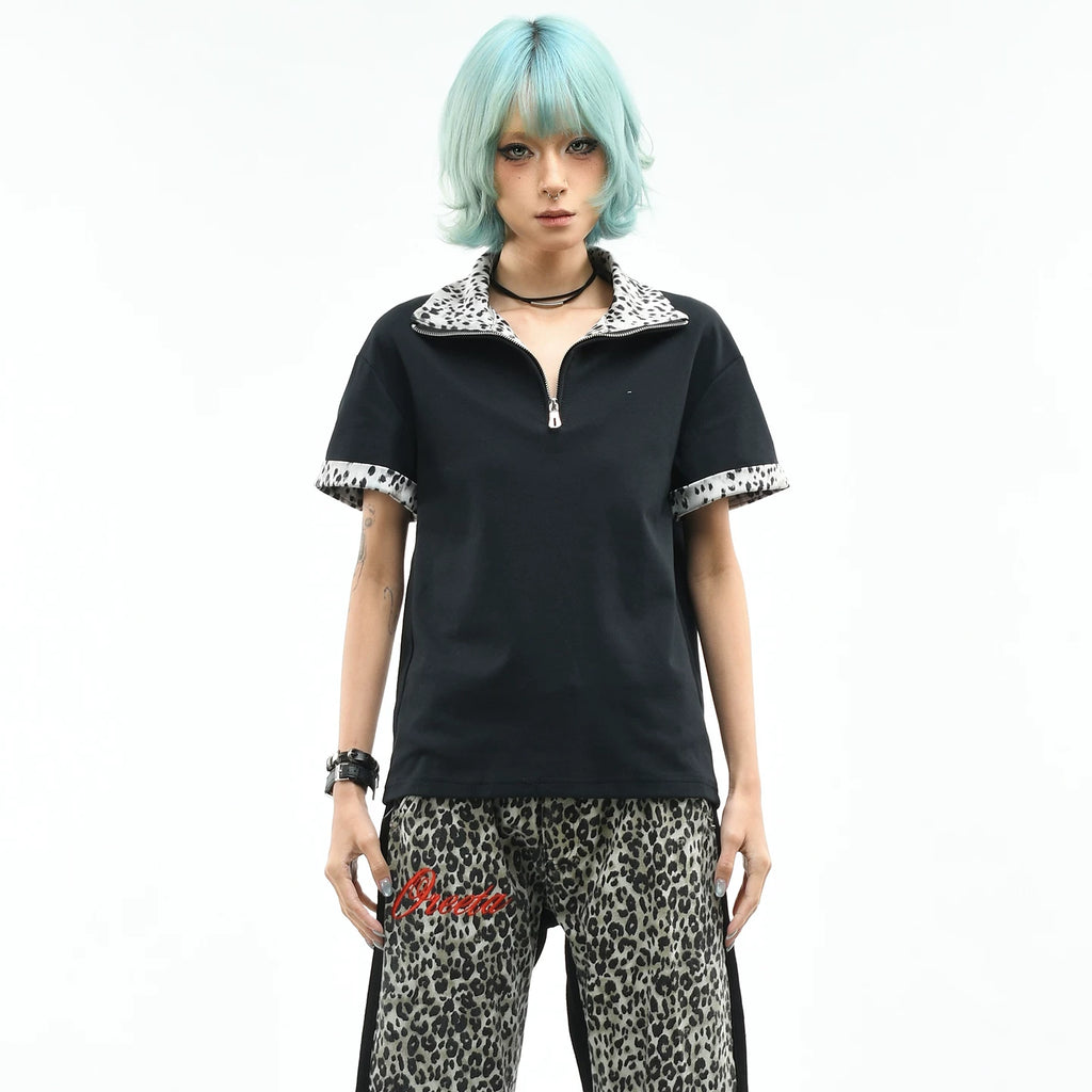 OV original/American leopard print spliced half zipper short sleeved polo shirt for women's summer slim fit short design, front shoulder slimming T-shirt
