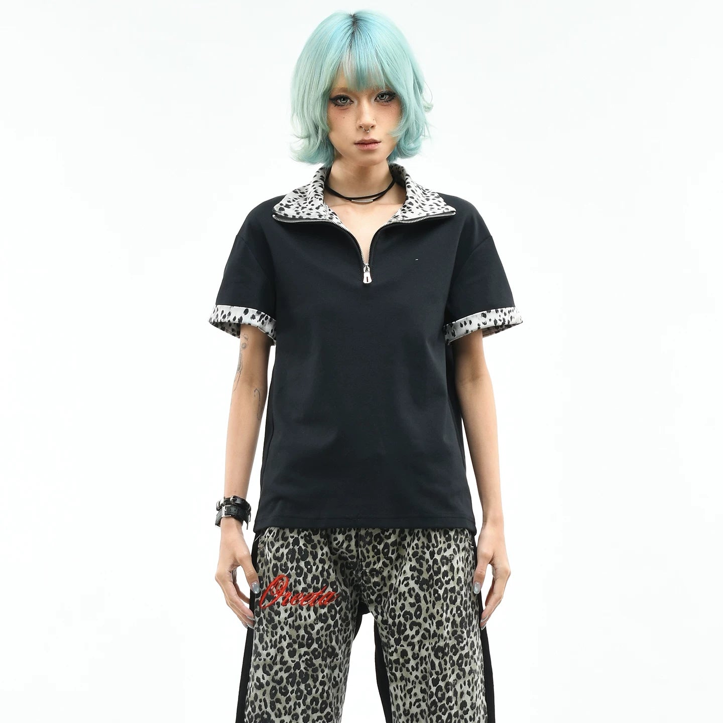 OV original/American leopard print spliced half zipper short sleeved polo shirt for women's summer slim fit short design, front shoulder slimming T-shirt
