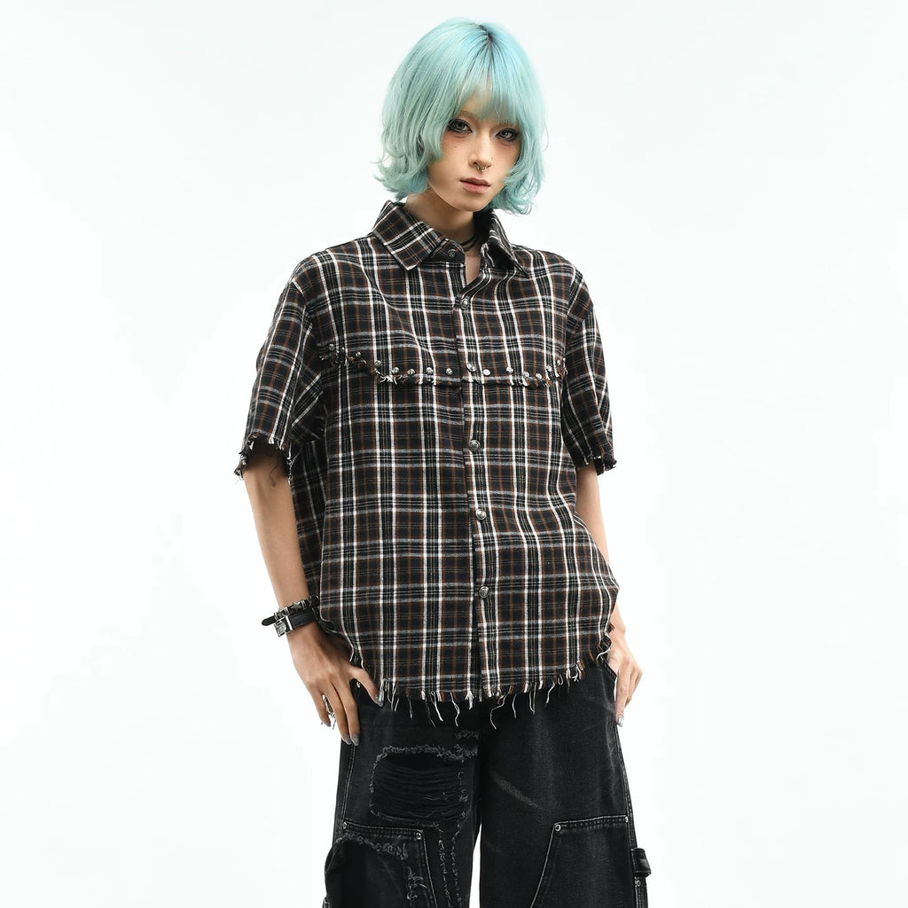 OV original American retro checkered contrasting rivet short sleeved shirt for women in summer, loose short cut with fringed edges, men's trendy shirt