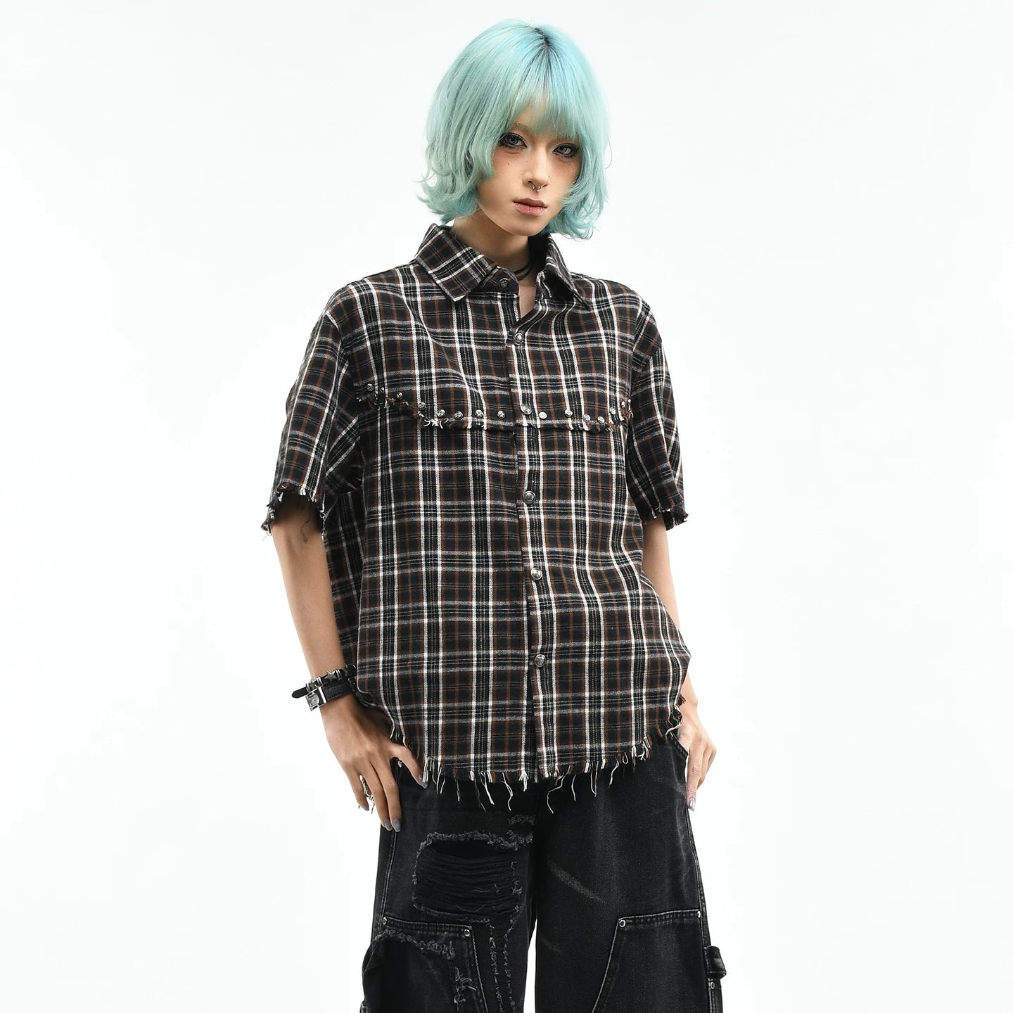 OV original American retro checkered contrasting rivet short sleeved shirt for women in summer, loose short cut with fringed edges, men's trendy shirt
