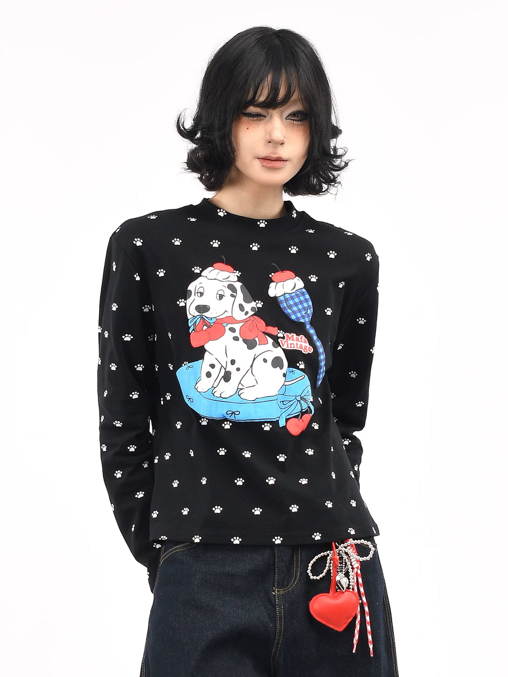 OV Original/American Fun Dog Foam Printed Long Sleeve T-shirt for Women Autumn Front Shoulder Short Casual Bottom Top