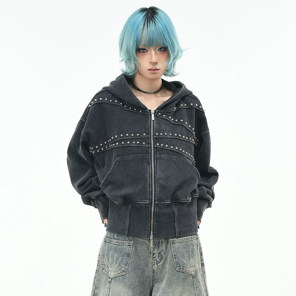 OV Original Retro Rivet Cut, Vintage, Back Waist Hoodie, Women's Autumn Loose Short Zipper cardigan Coat