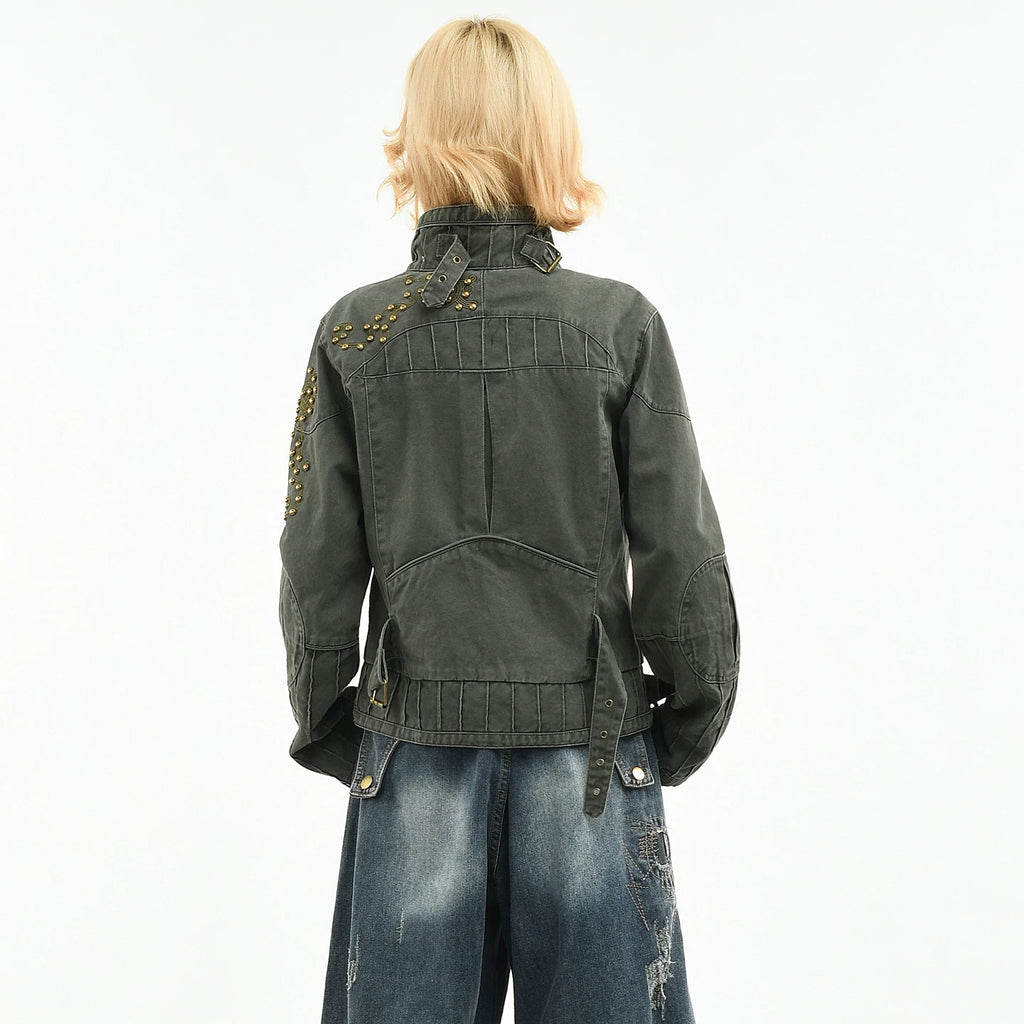 OV original American punk rivet distressed washed stand up collar jacket for women in spring Abi style short motorcycle jacket trend