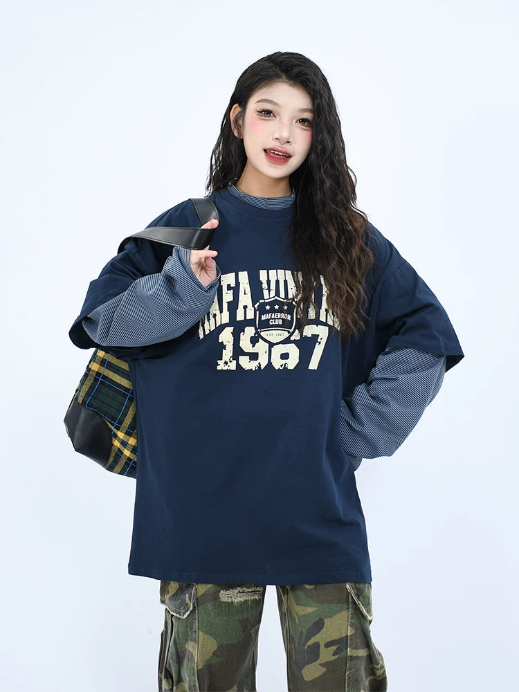 OV Original/Spring American Retro Fake Two Piece Splicing Small High Collar Long Sleeve T-shirt for Men and Women, Uniquely Loose Top Trendy