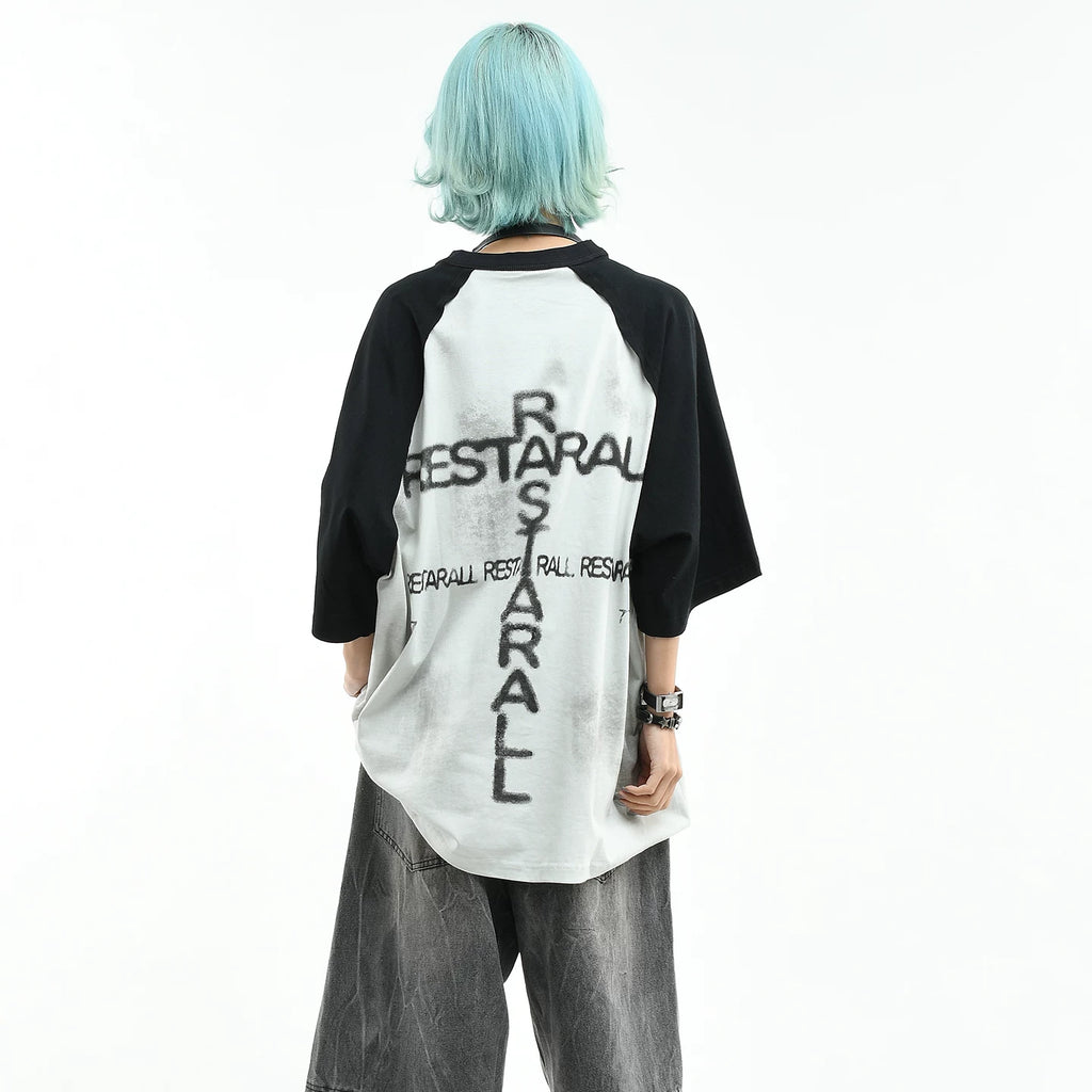 OV Original/Dark Color Contrast Splicing Graffiti Short Sleeve T-shirt for Men and Women Summer Trendy Brand Loose Dirty Stained Half Sleeve Top