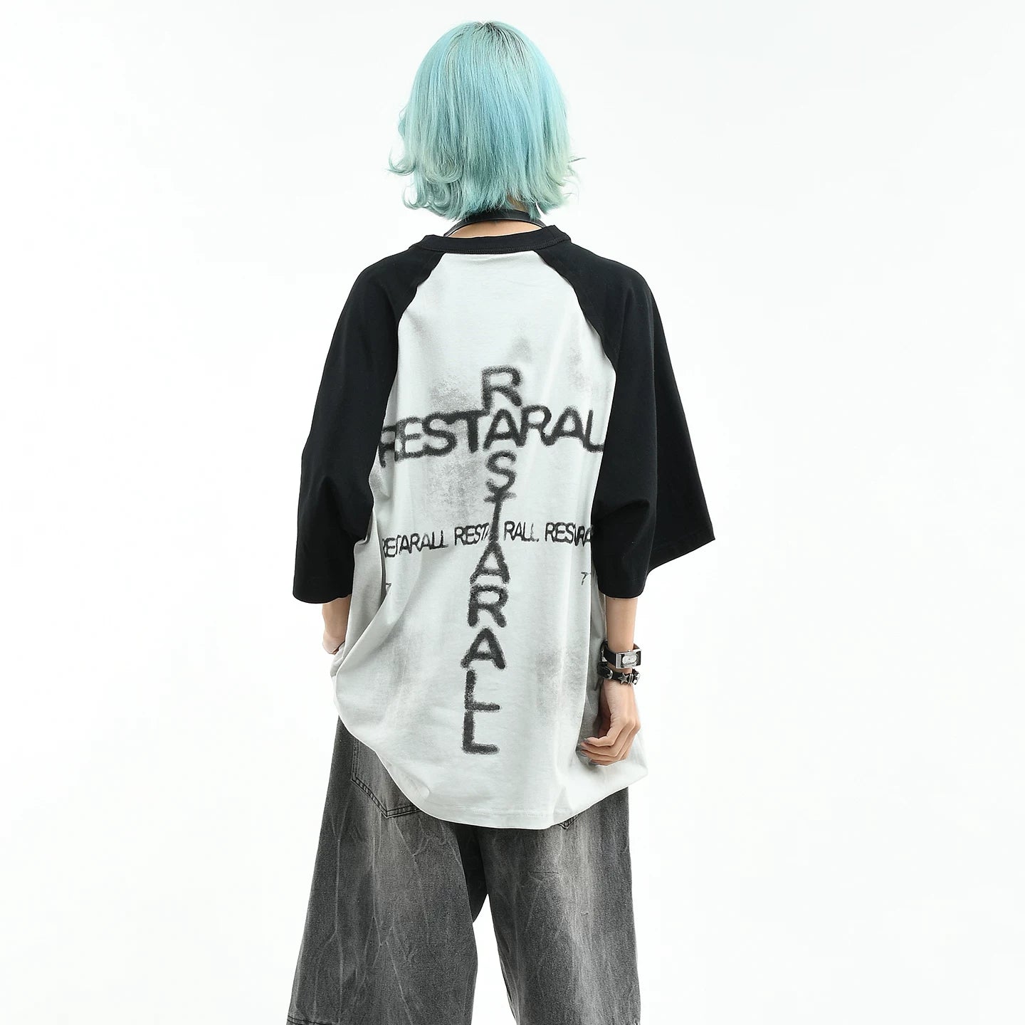 OV Original/Dark Color Contrast Splicing Graffiti Short Sleeve T-shirt for Men and Women Summer Trendy Brand Loose Dirty Stained Half Sleeve Top