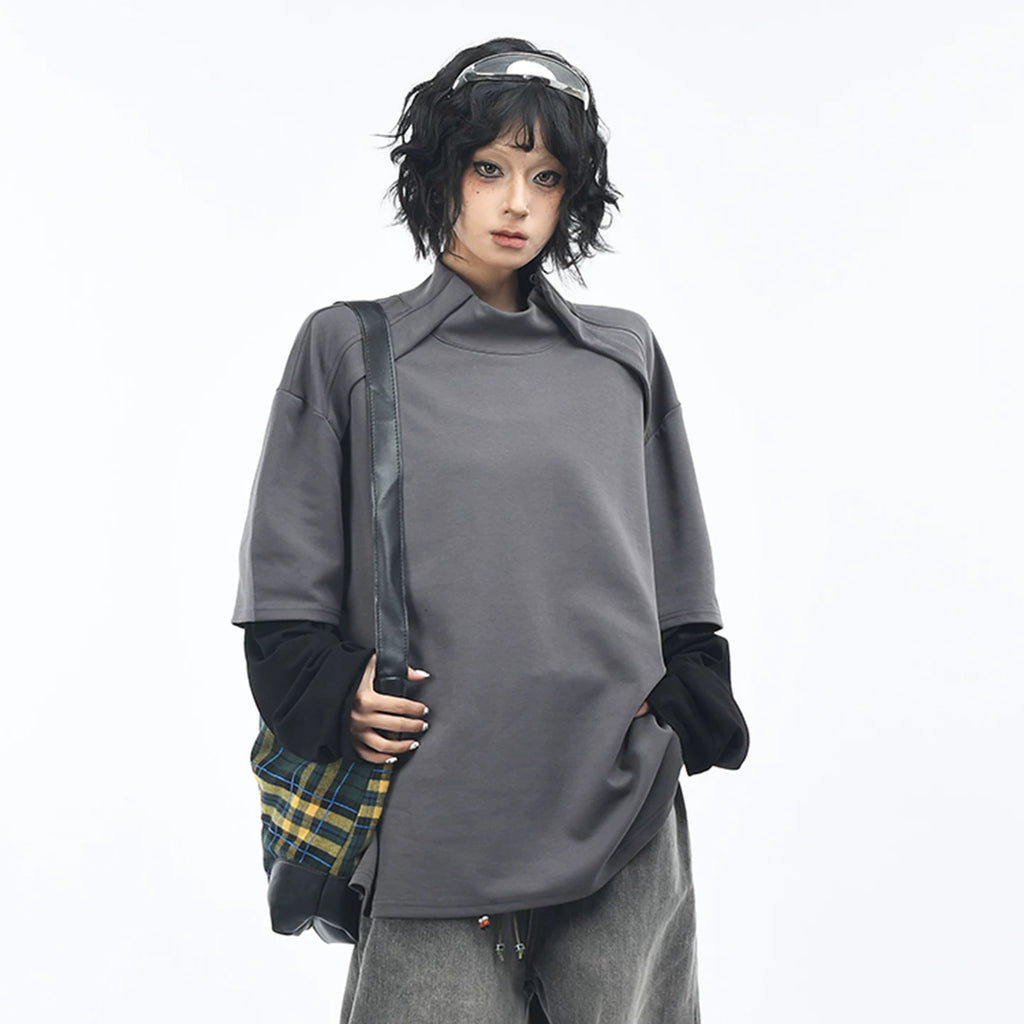 OV original/American retro fake two-piece spliced long sleeved T-shirt for men and women in autumn, loose half neck base shirt top