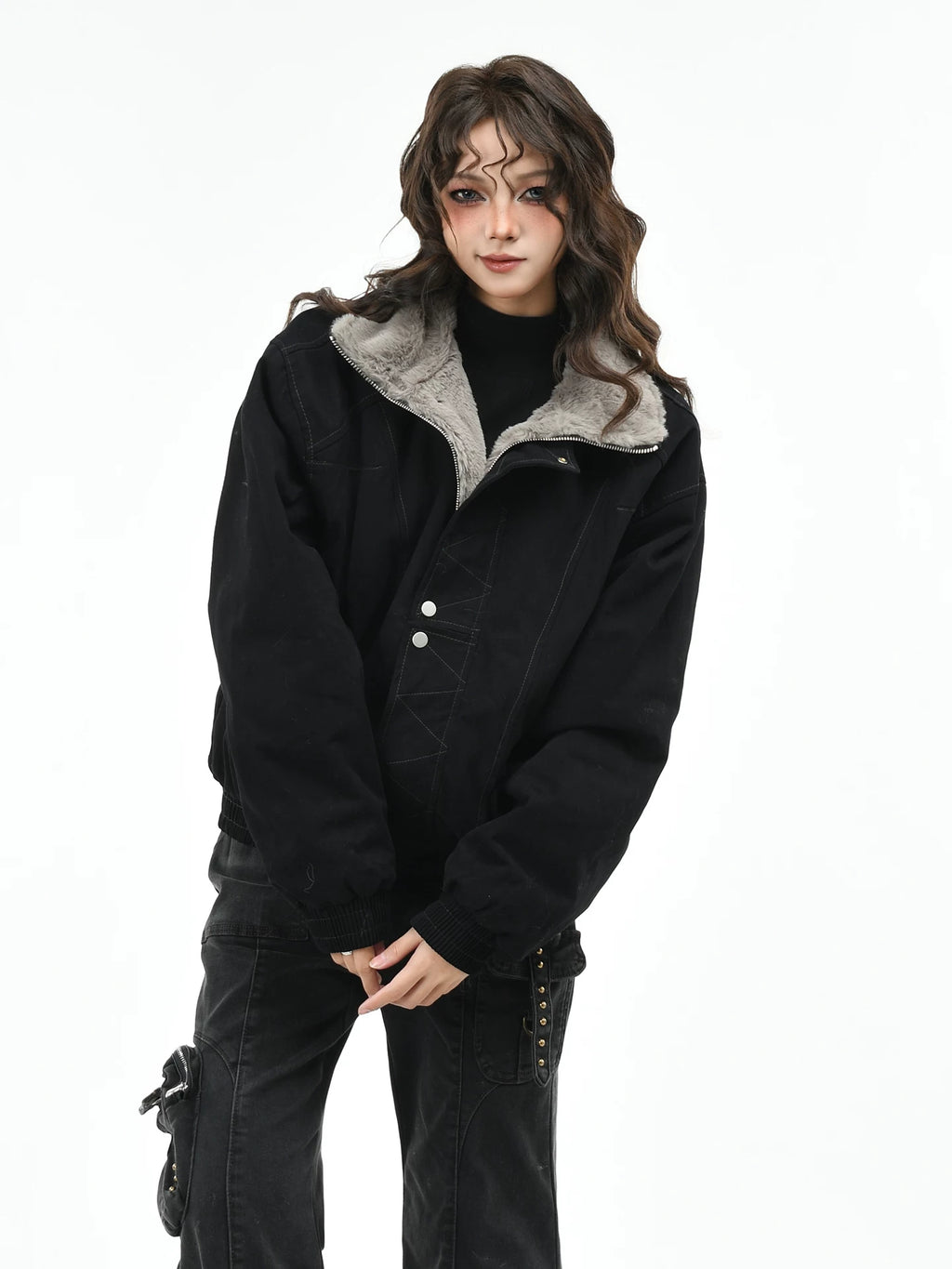 OV Original American Retro Clear Thread Deconstruction Design with Velvet Warm Coat Women's Winter Loose Casual Cotton Coat