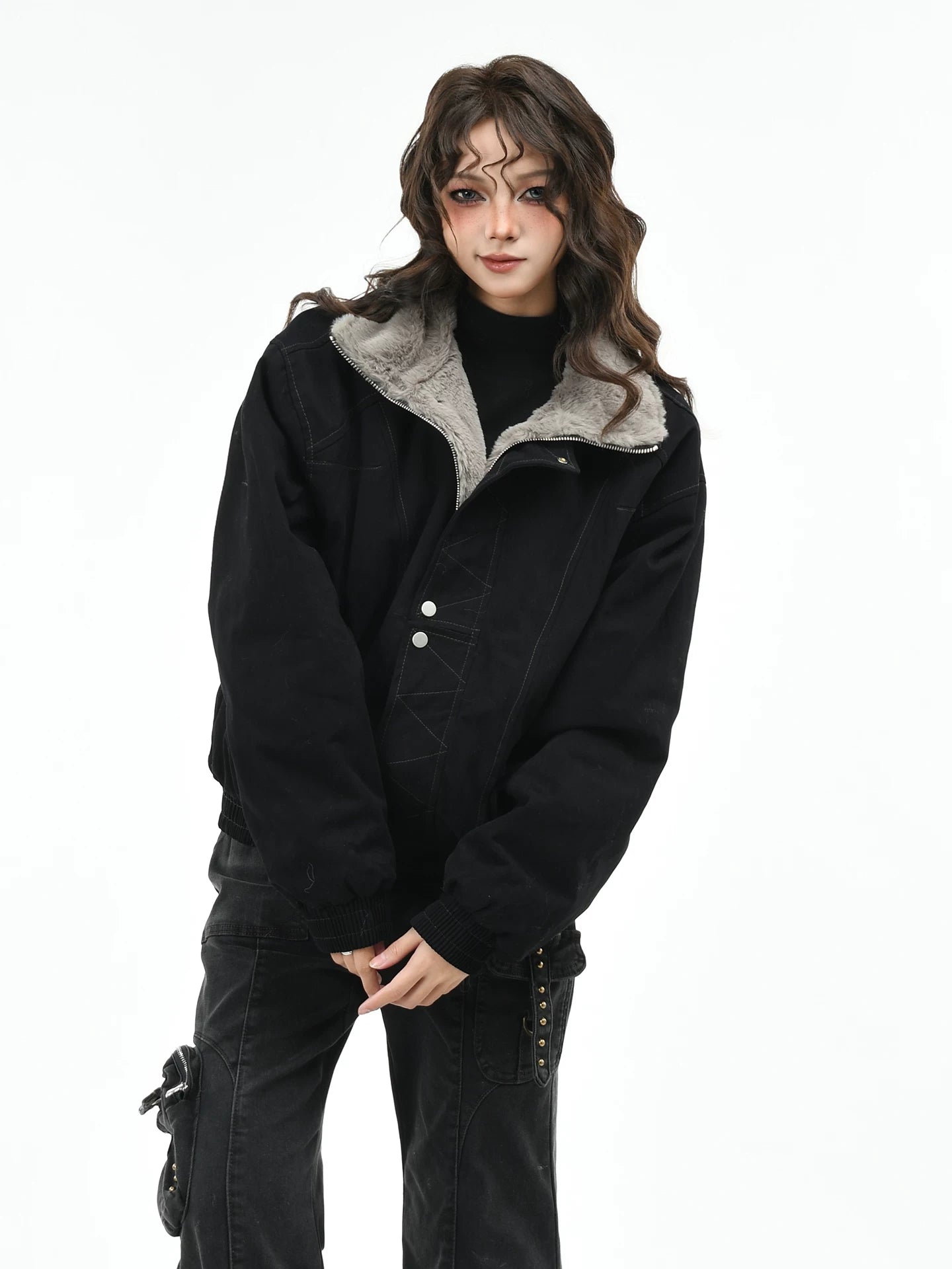 OV Original American Retro Clear Thread Deconstruction Design with Velvet Warm Coat Women's Winter Loose Casual Cotton Coat