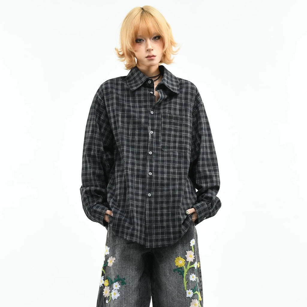 OV original American retro black checkered long sleeved shirt for women in spring, loose and high-end casual versatile shirt for men