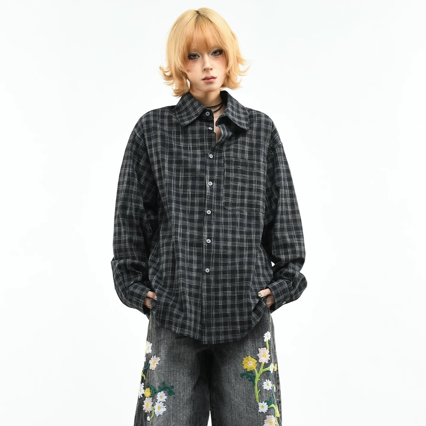 OV original American retro black checkered long sleeved shirt for women in spring, loose and high-end casual versatile shirt for men