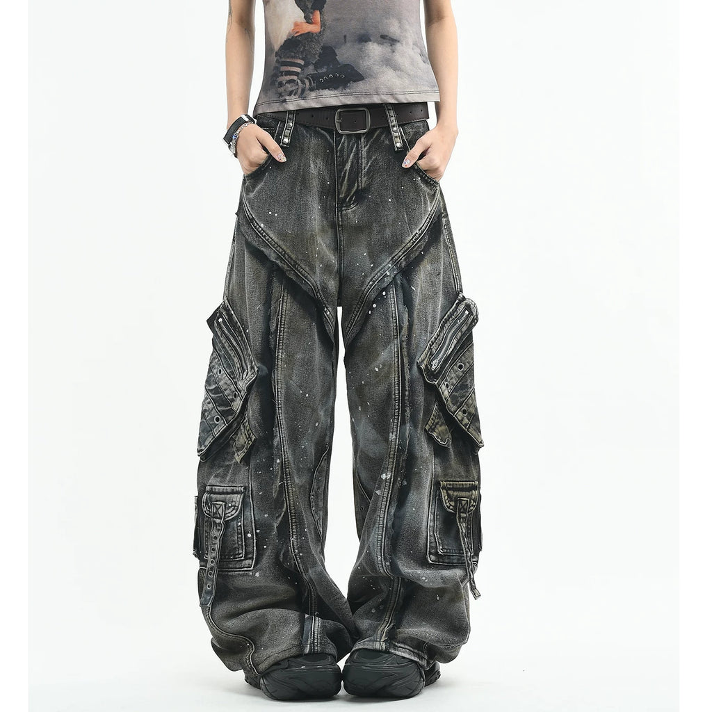 OV original American heavyweight deconstruction multi pocket vintage curved jeans for men and women loose wide leg splashed ink long pants