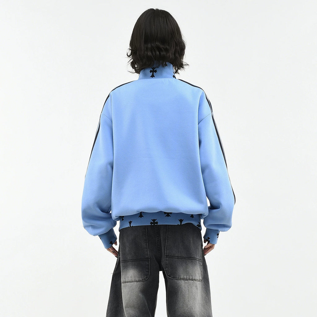 OV original American retro three bar sports style stand up collar sweatshirt for women, spring loose zipper cardigan, casual jacket for men