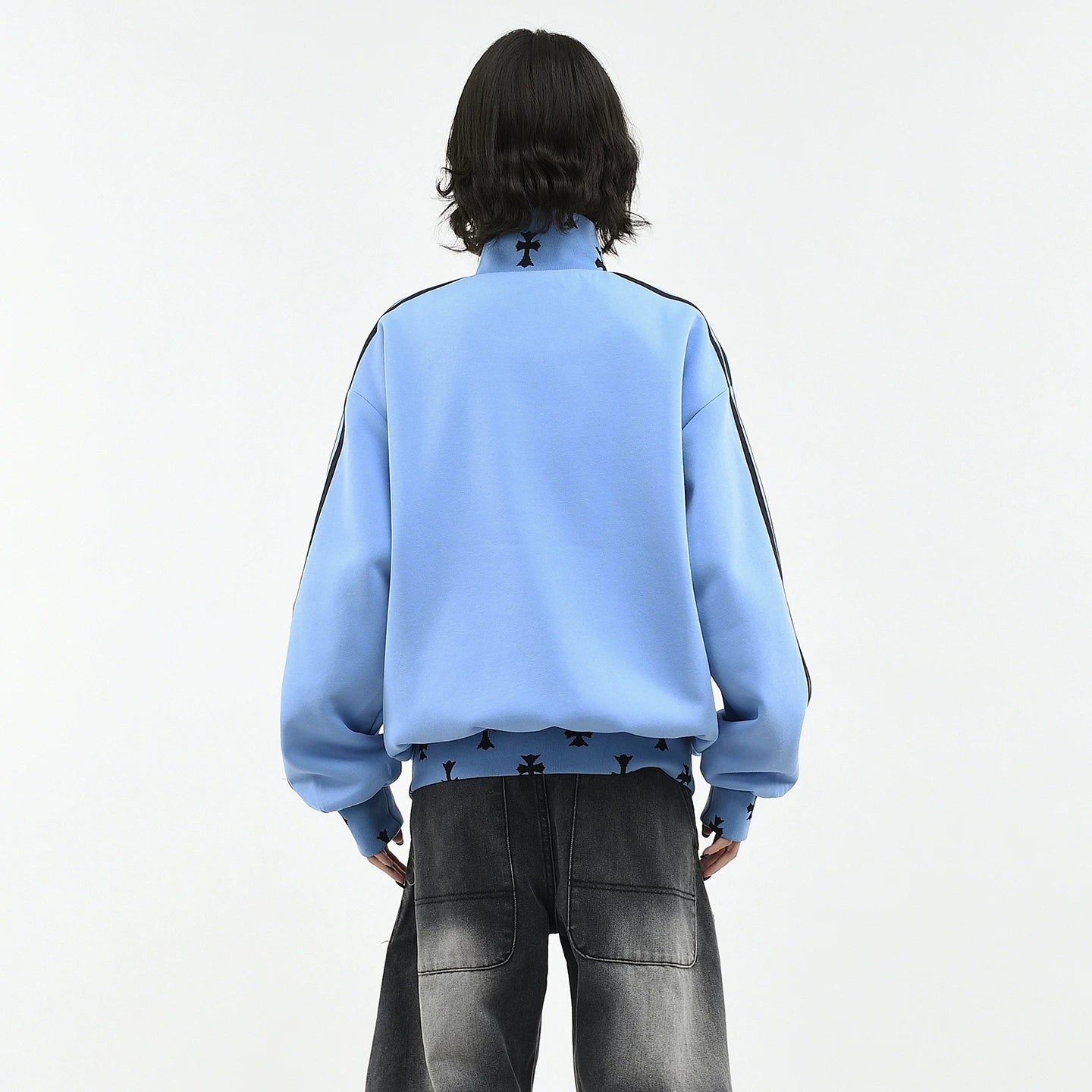 OV original American retro three bar sports style stand up collar sweatshirt for women, spring loose zipper cardigan, casual jacket for men