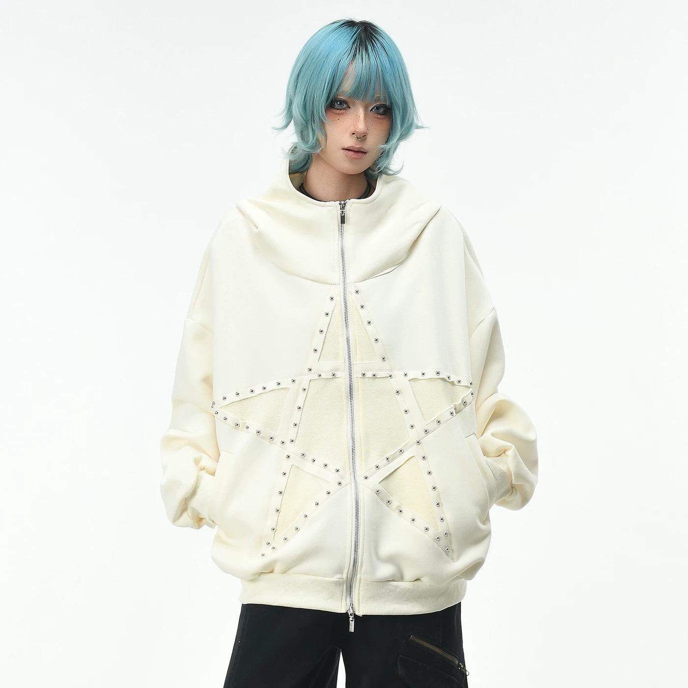 OV original high street retro pentagram rivet design hooded sweatshirt for men and women in autumn trendy brand loose cardigan jacket