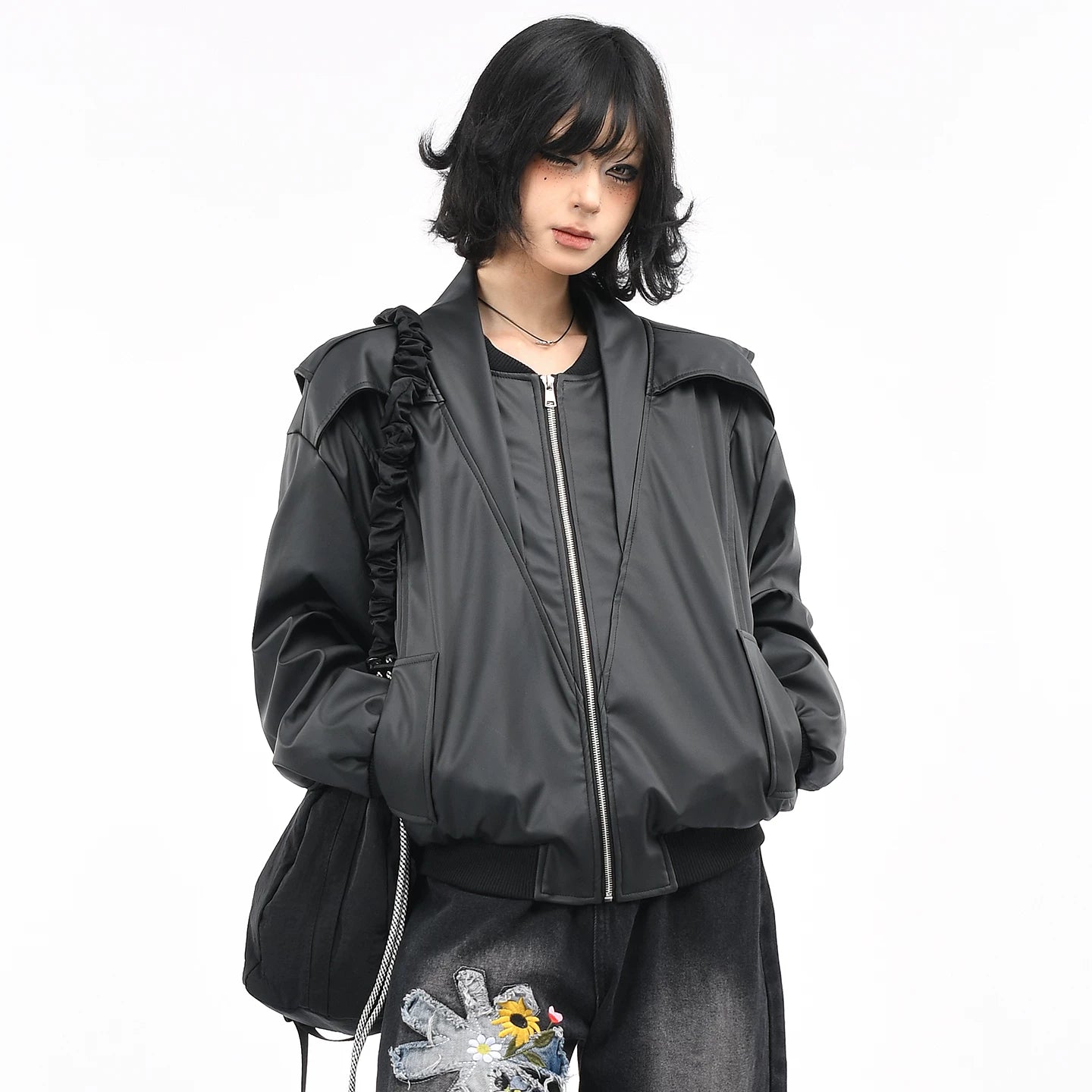 OV original American deconstruction splicing functional style PU leather jacket for women, autumn high-end feeling, wide loose neck jacket for men