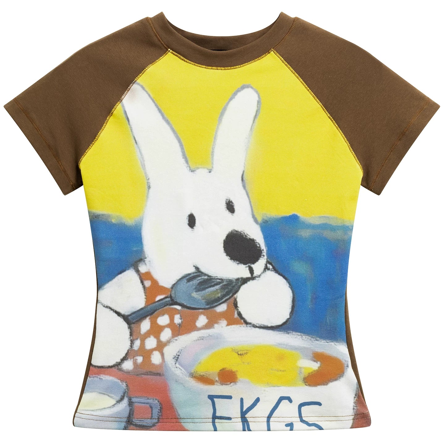 OV original American retro oil painting rabbit contrasting short sleeved T-shirt for women in summer, shoulder length short, short top ins