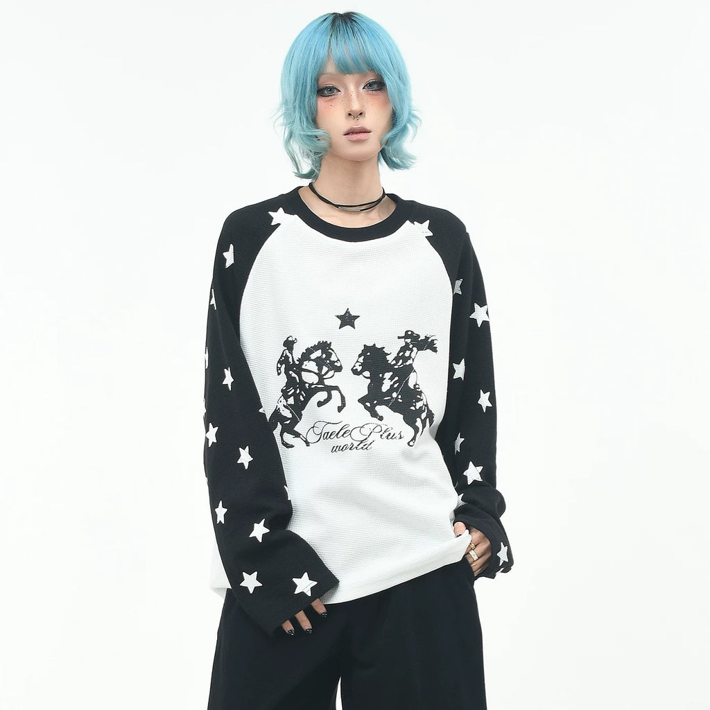 OV Original/Retro Star Full Print Shoulder Sleeve Contrast Long Sleeve T-shirt for Men and Women Autumn Loose Waffle Top Trendy