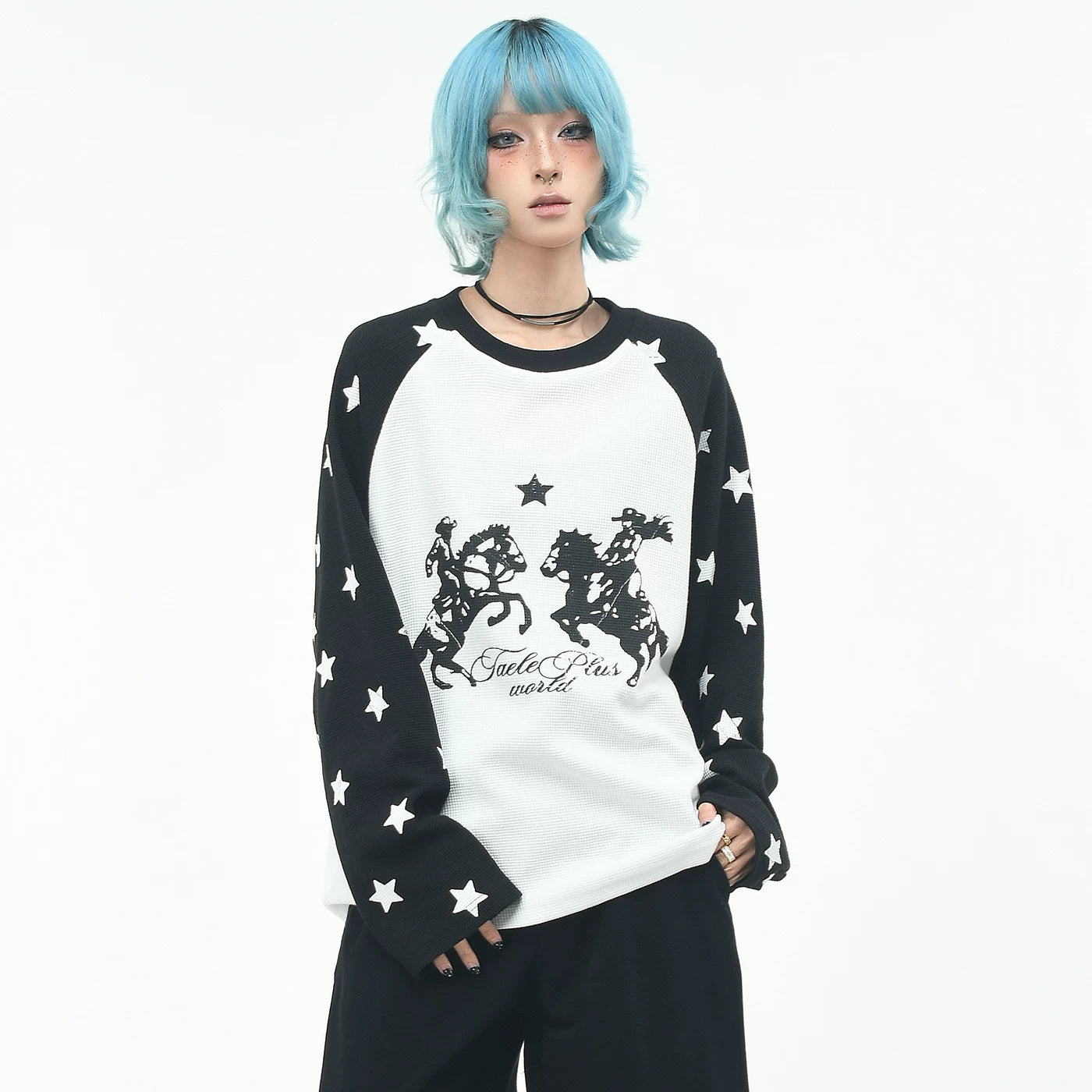 OV Original/Retro Star Full Print Shoulder Sleeve Contrast Long Sleeve T-shirt for Men and Women Autumn Loose Waffle Top Trendy