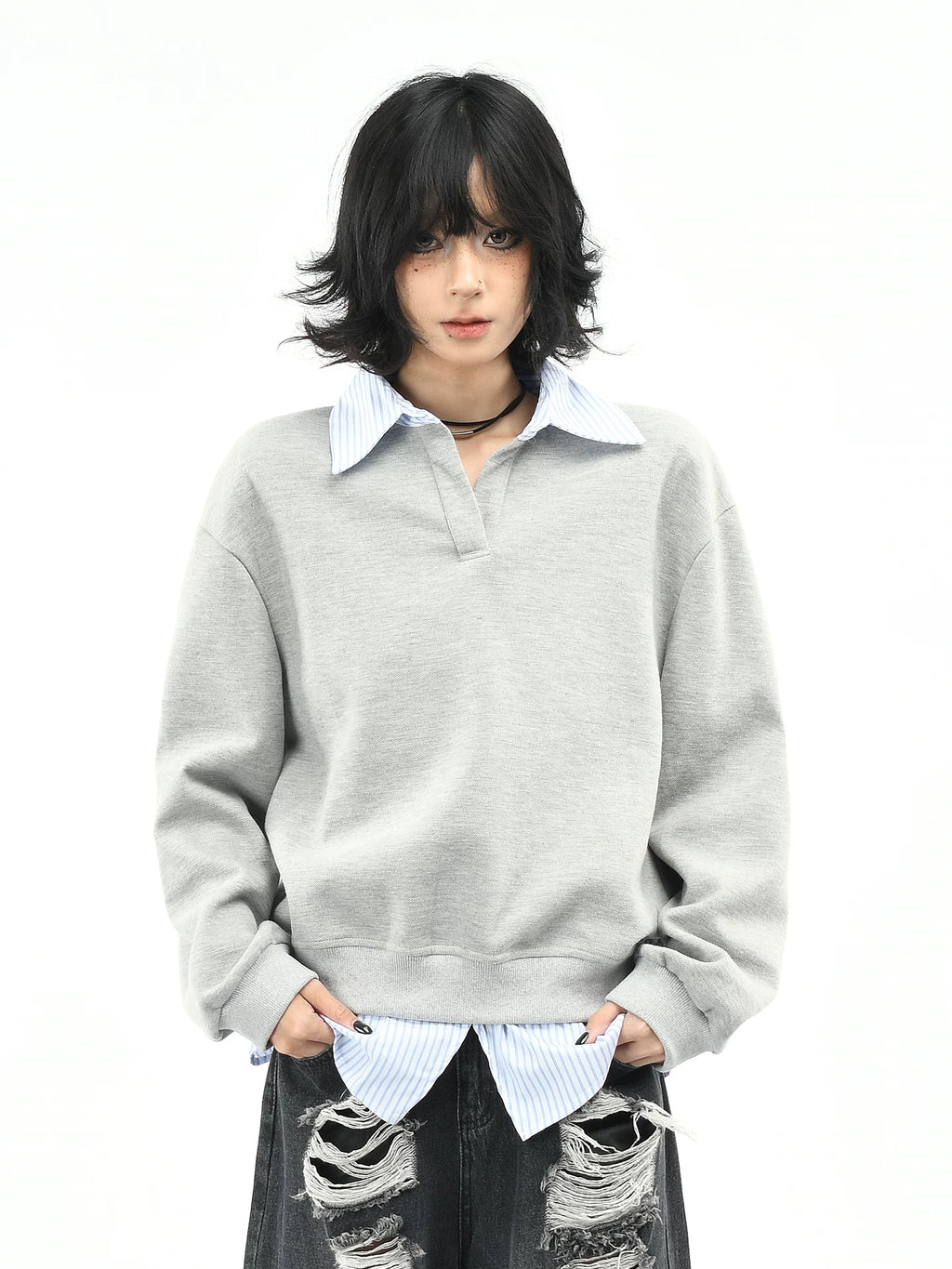 OV original American college style fake two-piece striped patchwork lapel sweatshirt for women's autumn loose casual long sleeved top
