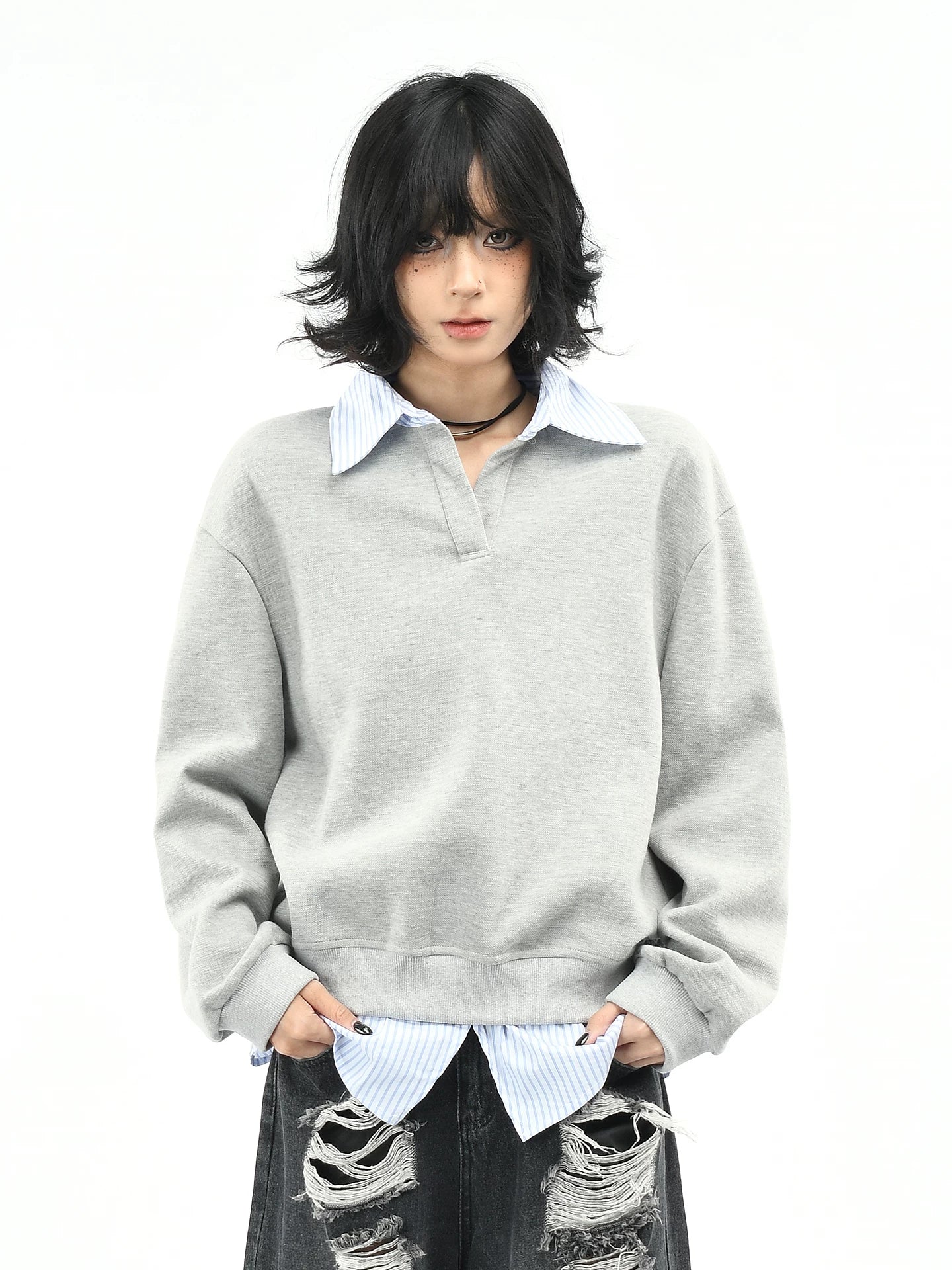 OV original American college style fake two-piece striped patchwork lapel sweatshirt for women's autumn loose casual long sleeved top