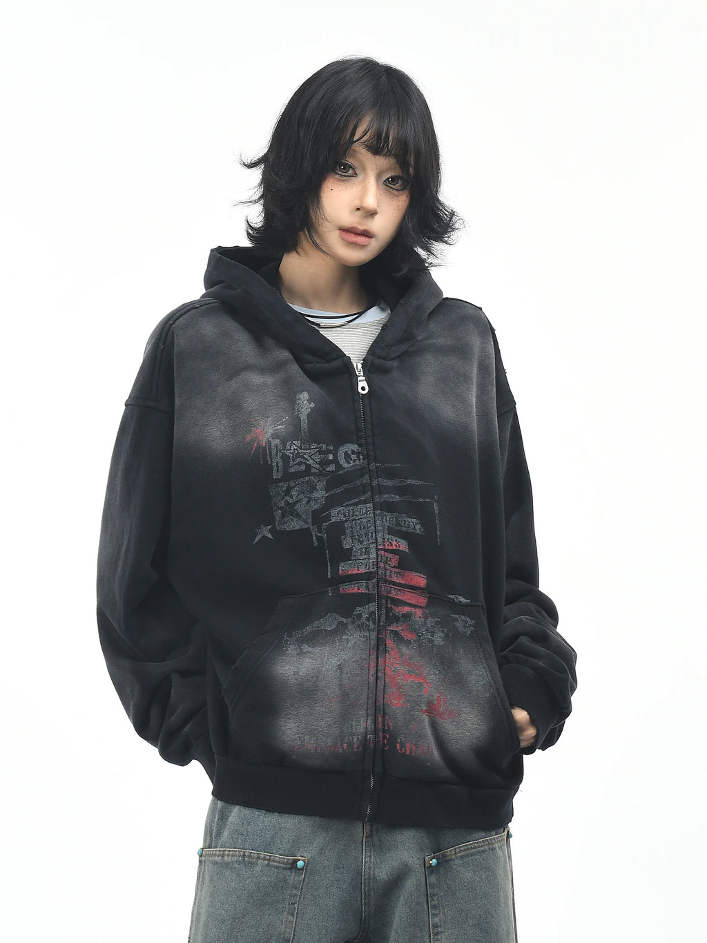 OV original American retro vintage washed zipper hooded sweatshirt women's autumn loose cardigan jacket men's boyfriend trendy brand