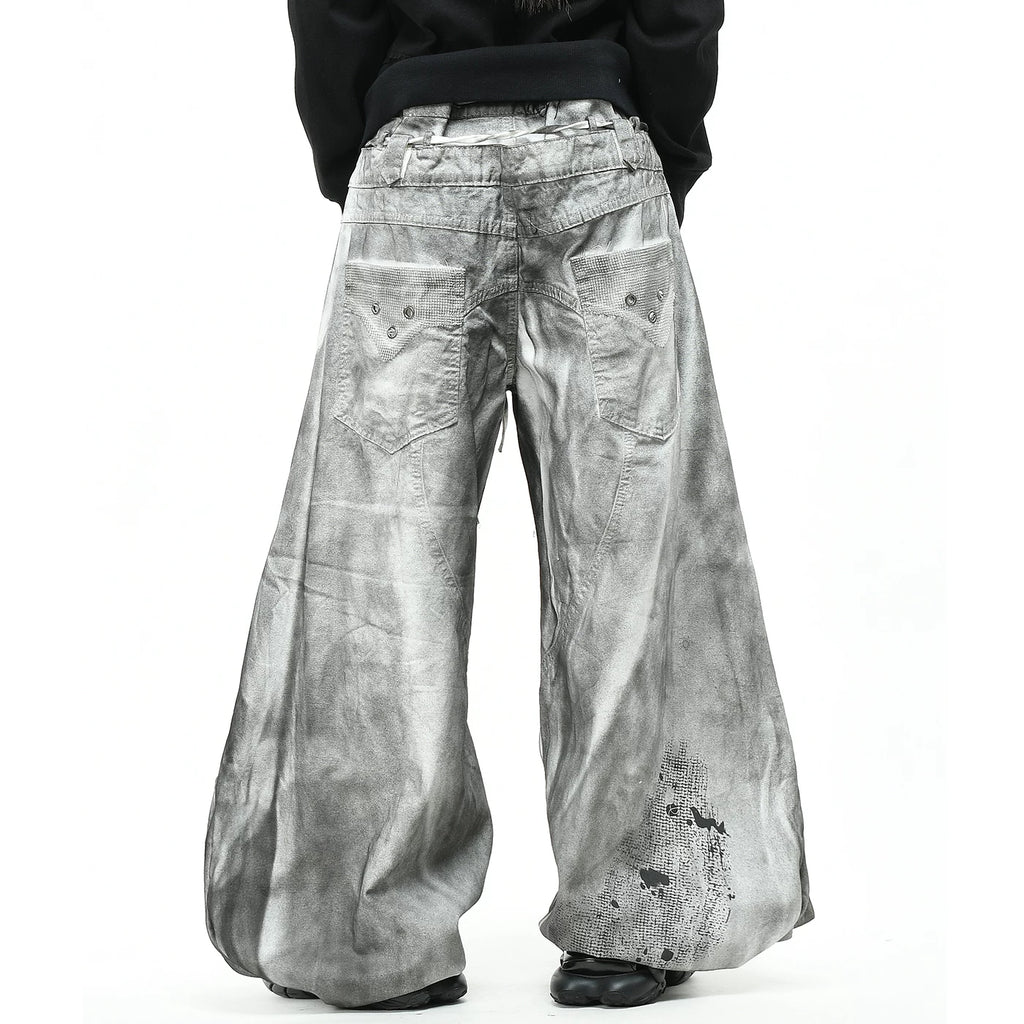 OV Original Waste Soil Wind Dirty Dyeing Used Double Waist Head Jeans for Men and Women Abi Wind Loose Wide Leg Folded Pants Trendy