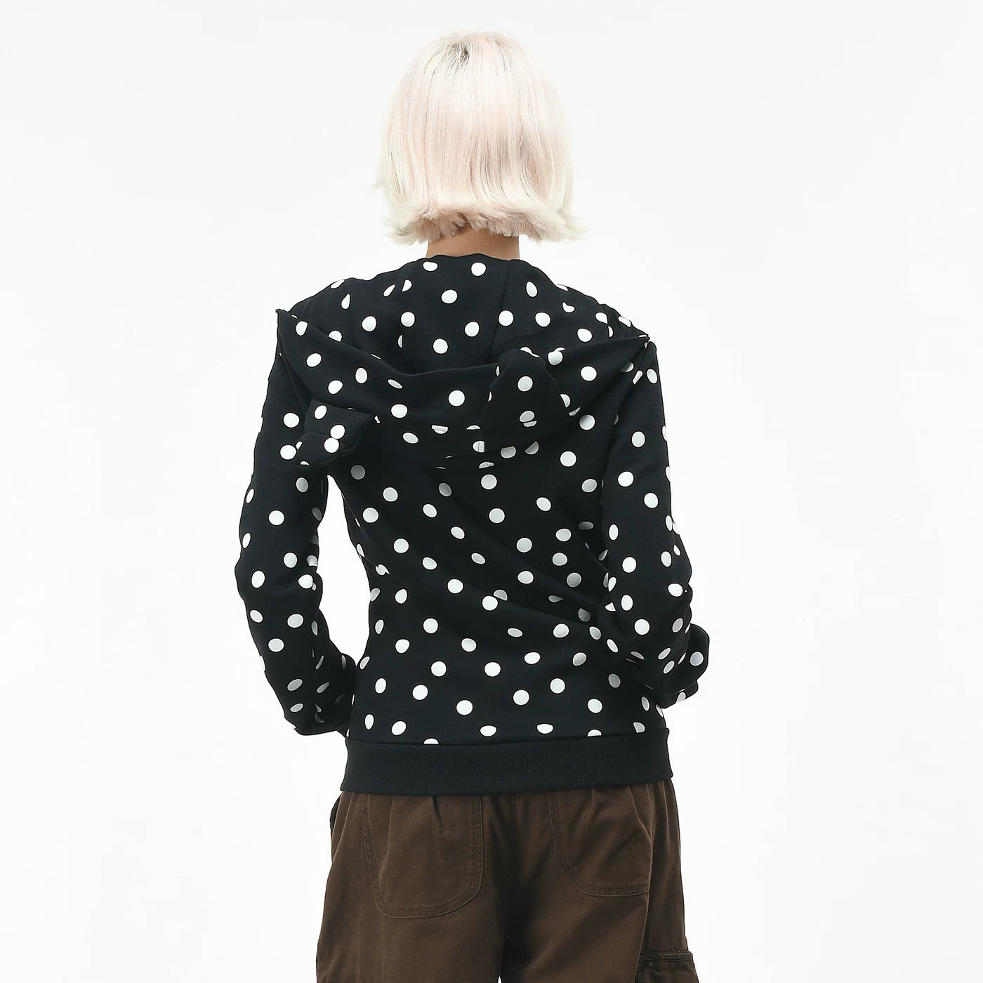 OV original Korean style polka dot print short hooded sweatshirt for women in autumn, college style, slim fit zipper cardigan jacket, trendy