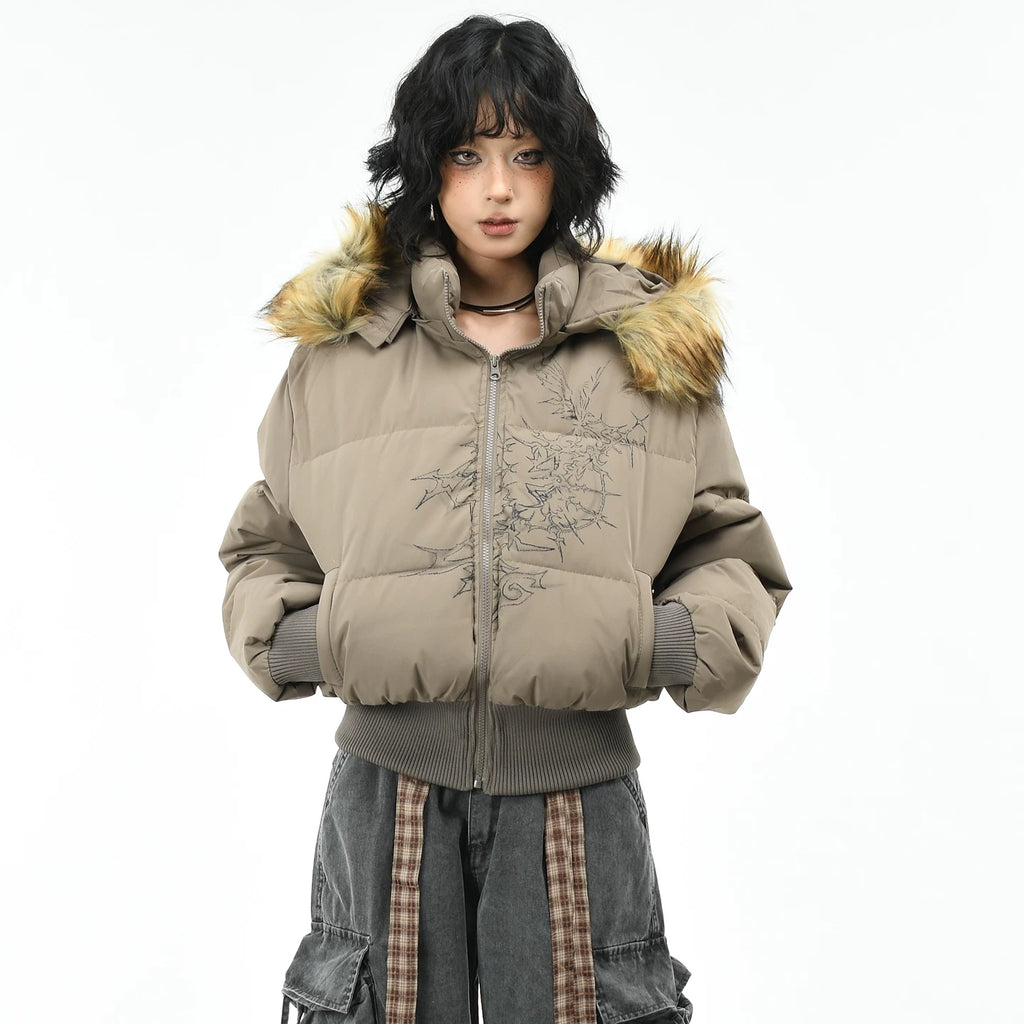 OV original American style fur collar, detachable waist, hood, cotton jacket, women's winter short style, slim and warm, cotton jacket, trendy